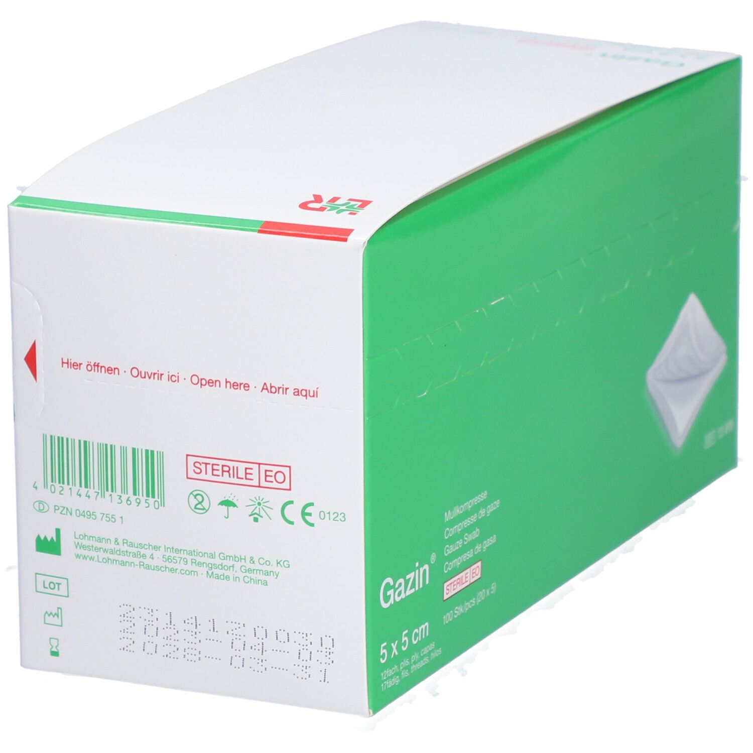 Dos de l'emballage en carton avec compresses de gaze Gazin. Code-barres, numéro de lot et certifications visibles.