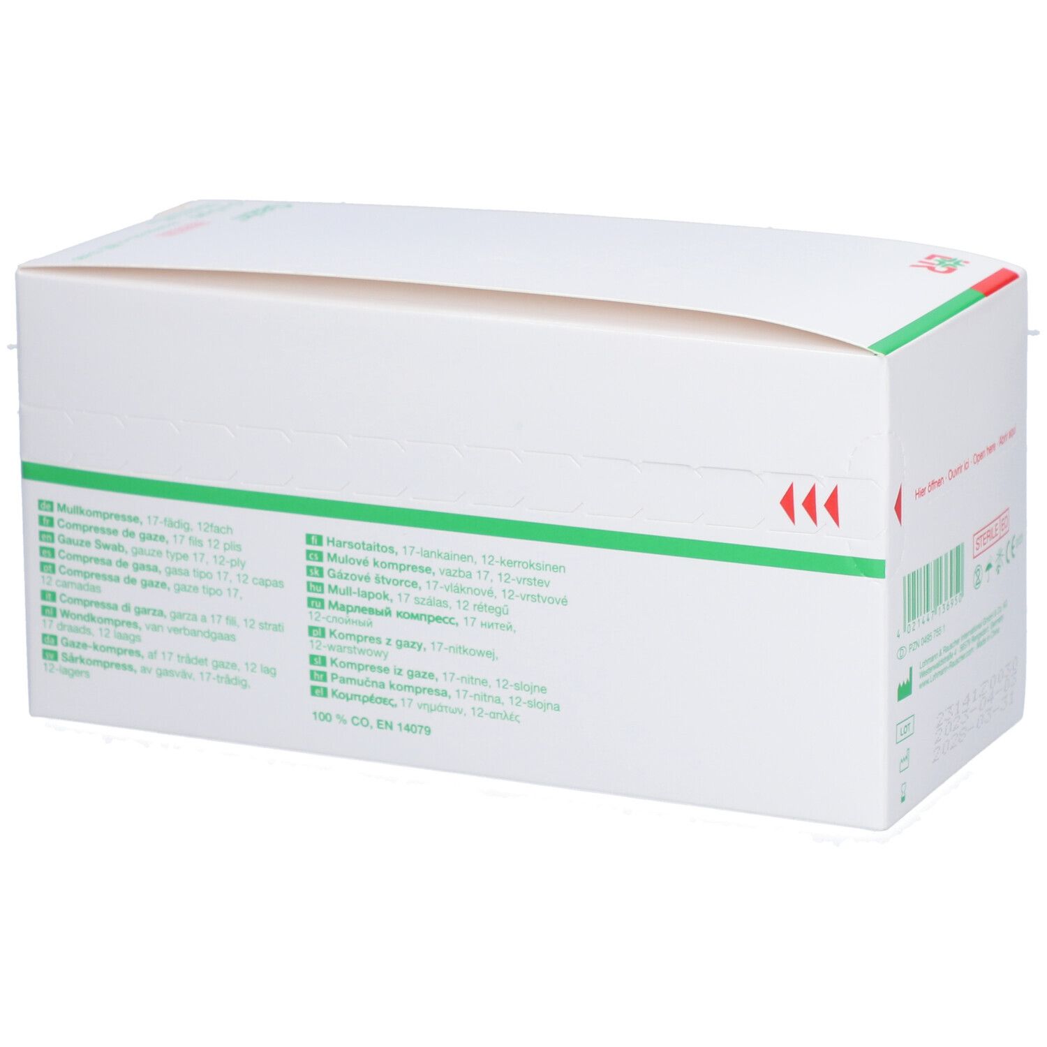 Emballage en carton avec compresses de gaze Gazin. Informations multilingues et bandes vertes.