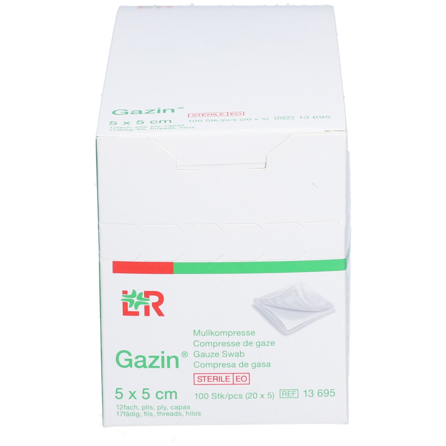 Boîte en carton blanche avec compresses de gaze Gazin 5x5 cm. Logo vert et rouge. Nom et taille du produit visibles.