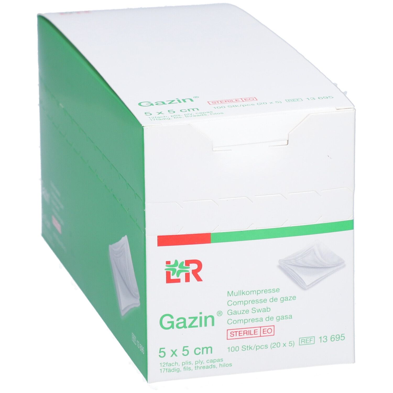 Emballage en carton avec compresses de gaze Gazin 5x5 cm. Couleurs vert et blanc. Nom et taille du produit visibles.