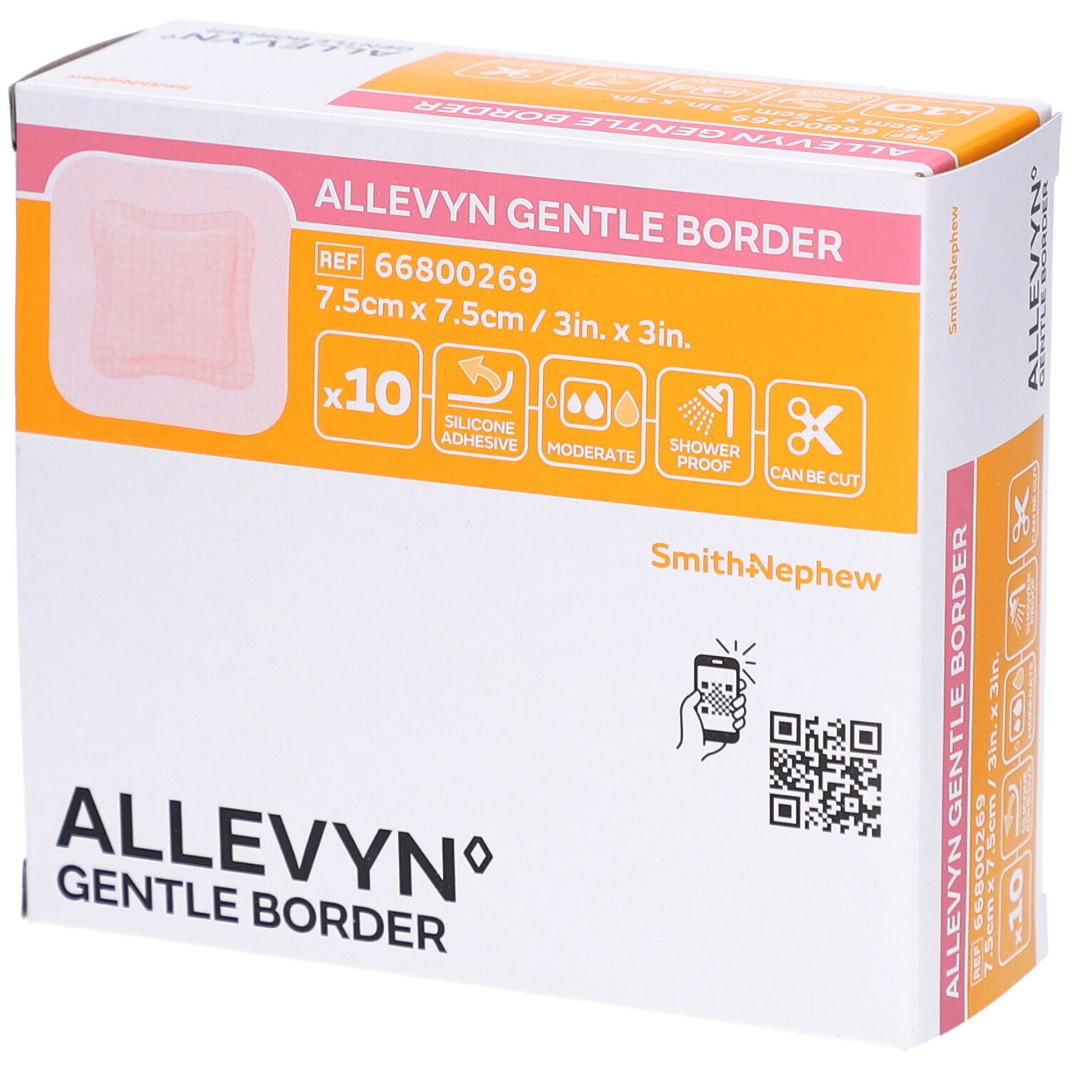 Verpackung von Allevyn Gentle Border. Zeigt ein quadratisches Pflaster, 7,5 cm x 7,5 cm, mit 10 Stück. Enthält Informationen und Symbole.