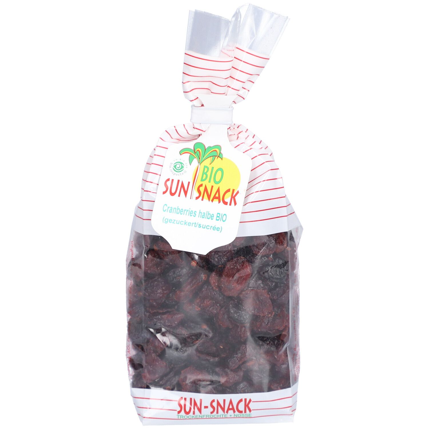 BIO SUN SNACK Cranberries, transparente Tüte mit roten Streifen. Produktetikett mit Logo und Text.