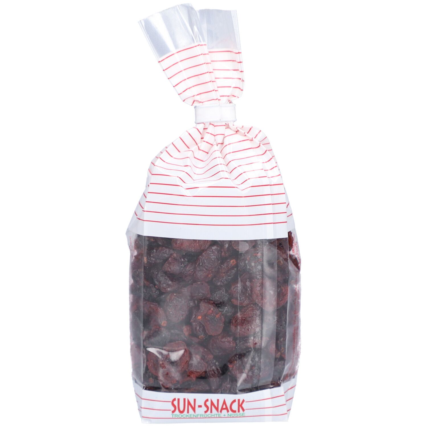 BIO SUN SNACK Cranberries, transparente Tüte mit roten Streifen. Produktansicht.