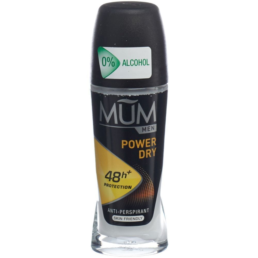 Roll-on-Deo mit schwarzem Deckel. Aufschrift: MUM MEN POWER DRY, 48h+ Schutz, 0% Alkohol. Transparentes Gehäuse.