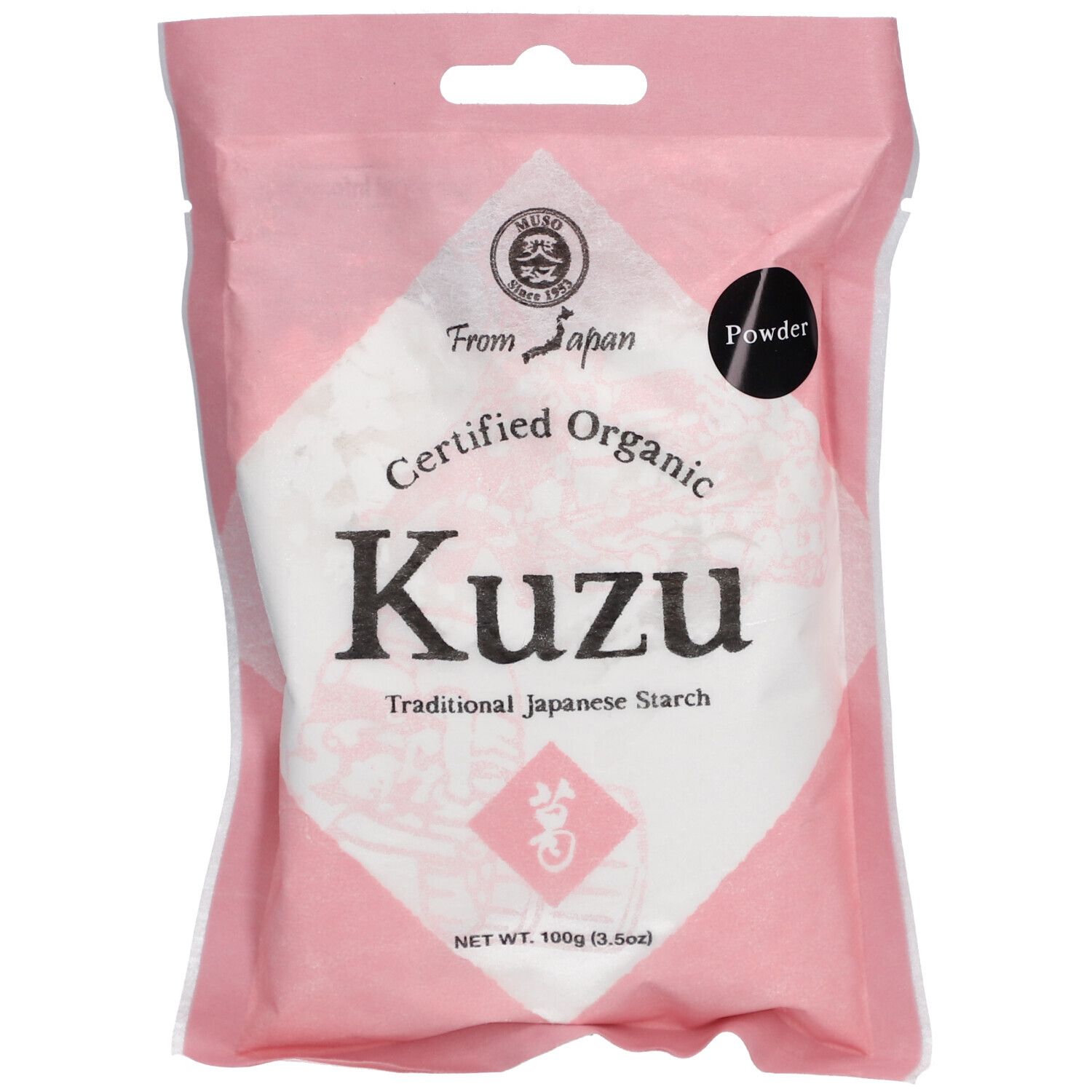 Rosa Verpackung mit weißem Kuzu-Pulver. Aufschrift: "Certified Organic Kuzu". Siegel und Text "From Japan".