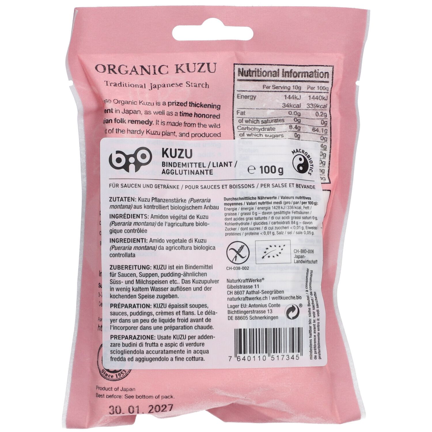 Rückseite der Kuzu-Verpackung. Text: "Organic Kuzu". Nährwertangaben, Zutatenliste und Herstellerinformationen.