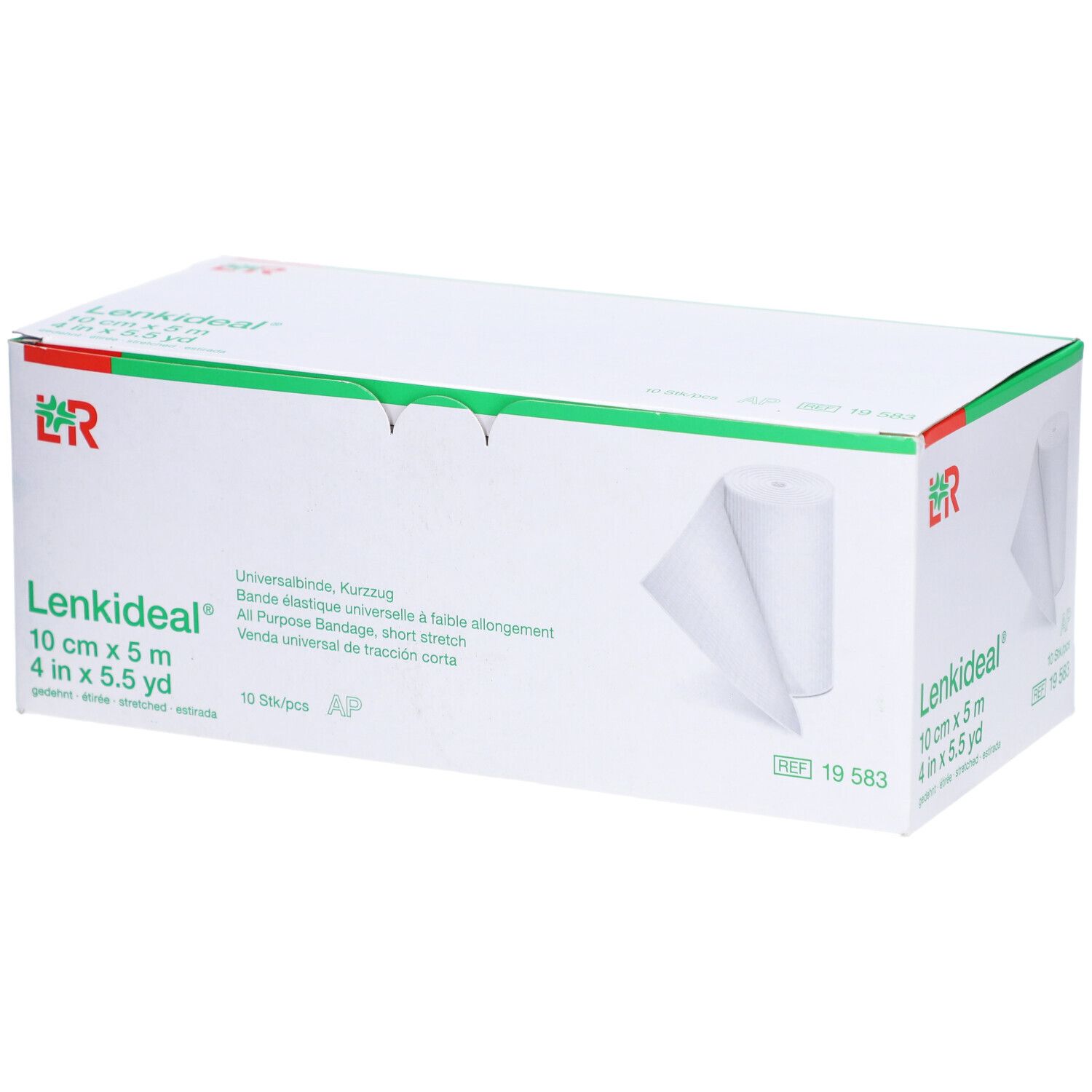 Emballage de Lenkideal® Idealbinde. 10 cm x 5 m. Bandage blanche partiellement visible. Accents verts et rouges.