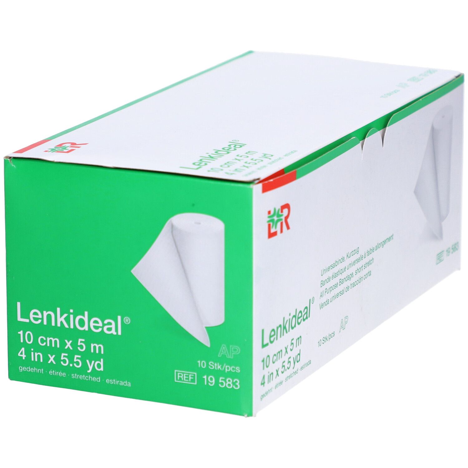 Emballage de Lenkideal® Idealbinde. 10 cm x 5 m. Bandage blanche partiellement visible. Emballage vert.