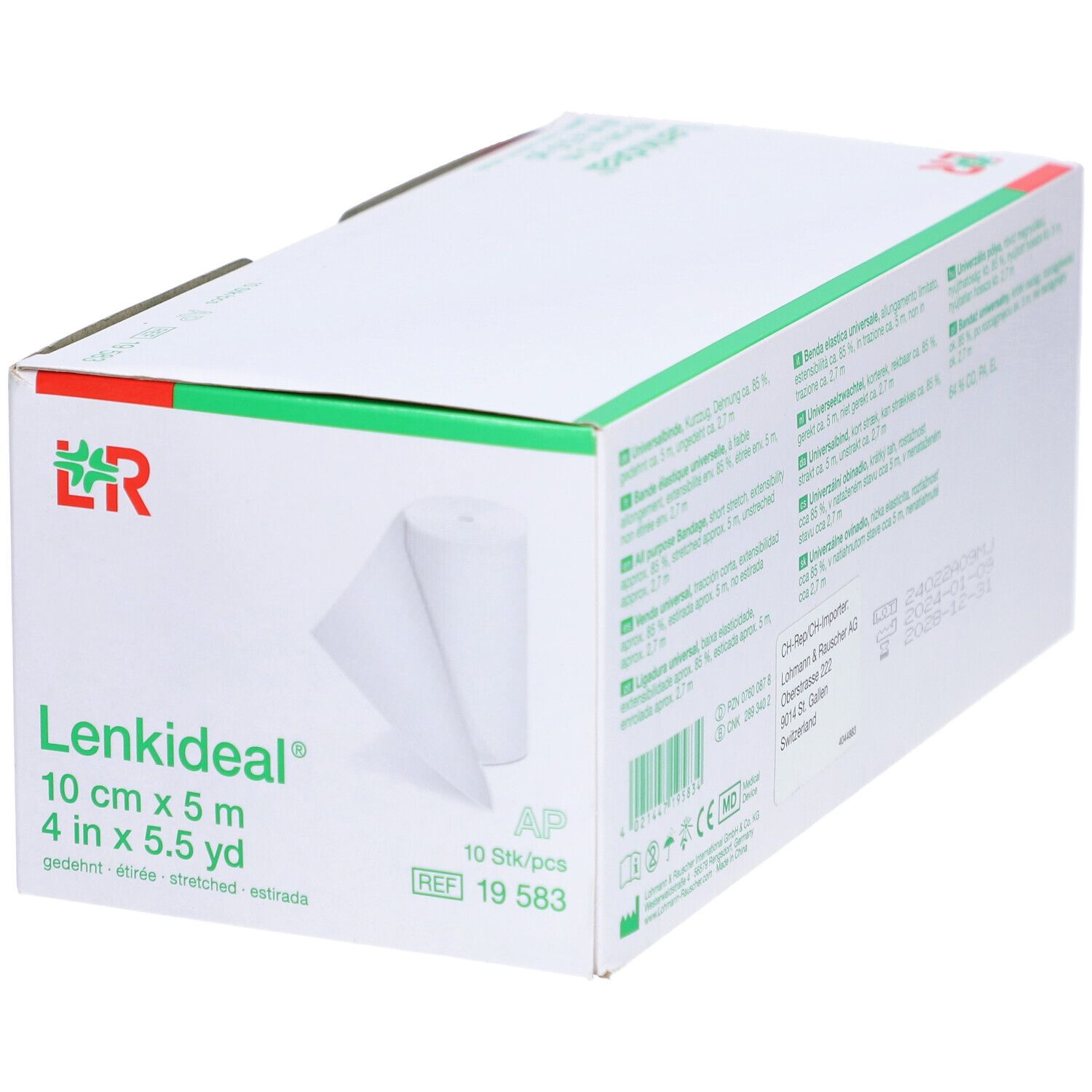 Emballage de Lenkideal® Idealbinde. 10 cm x 5 m. Bandage blanche partiellement visible. Accents verts et rouges.