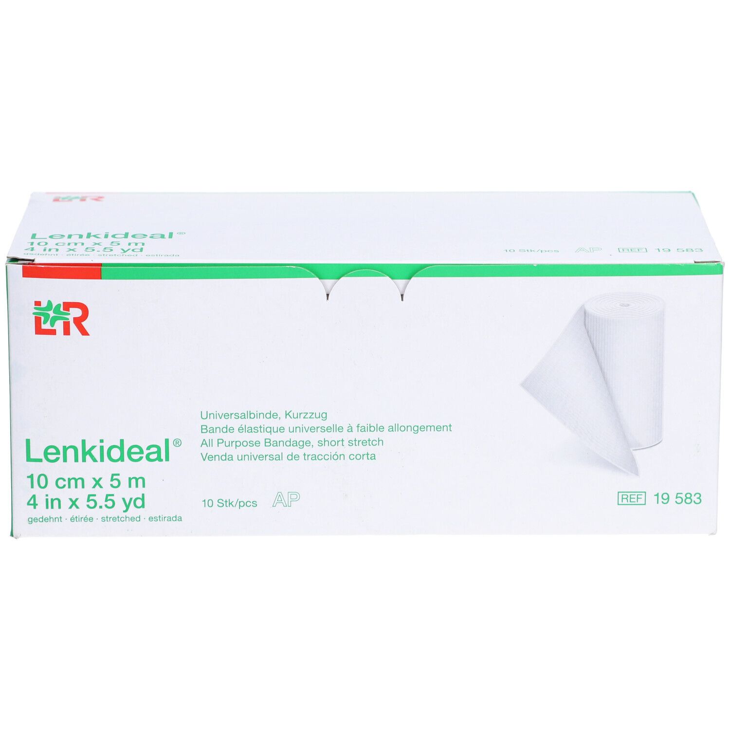 Emballage de Lenkideal® Idealbinde. 10 cm x 5 m. Bandage blanche partiellement visible. Accents verts et rouges.