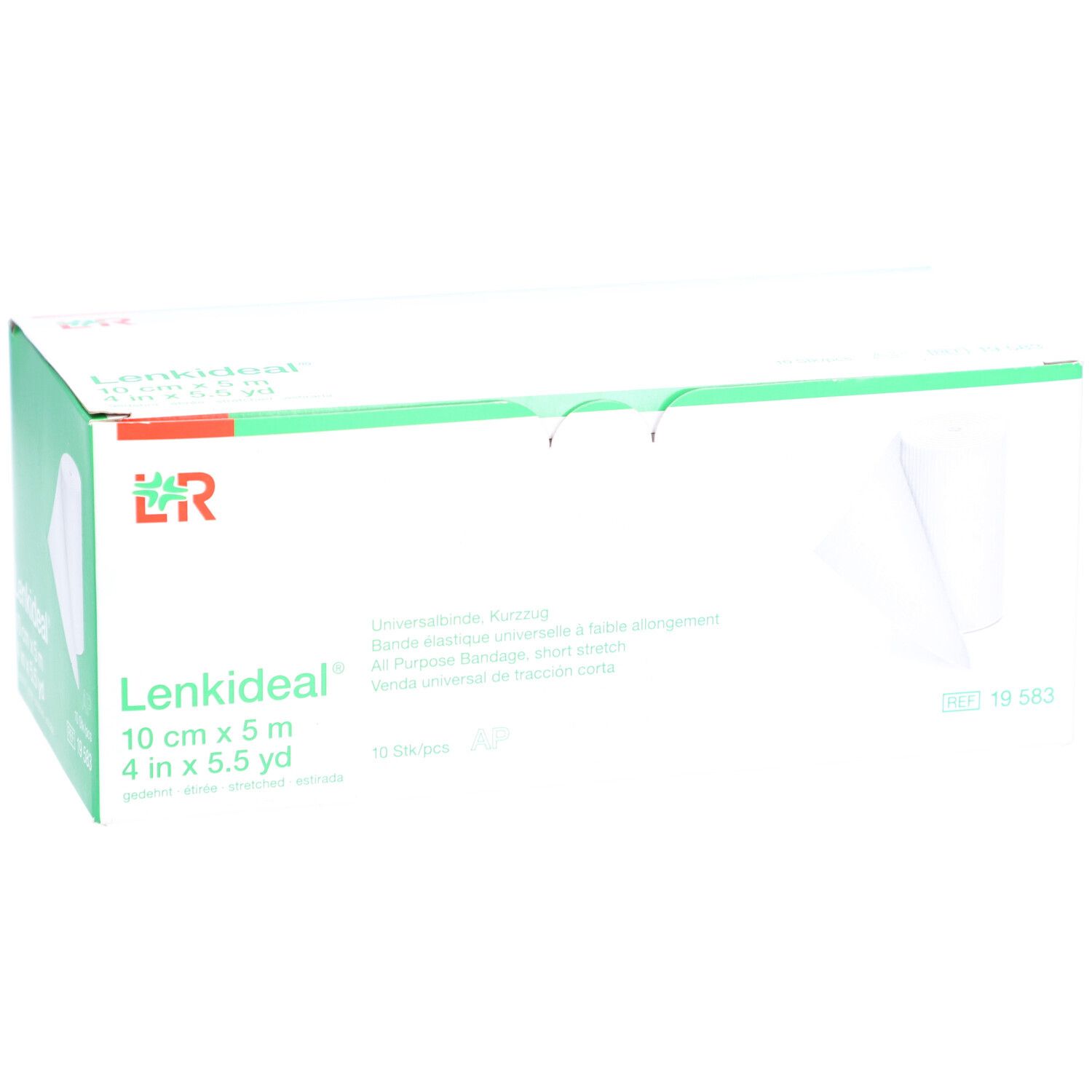 Emballage de Lenkideal® Idealbinde. 10 cm x 5 m. Bandage blanche partiellement visible. Accents verts et rouges.