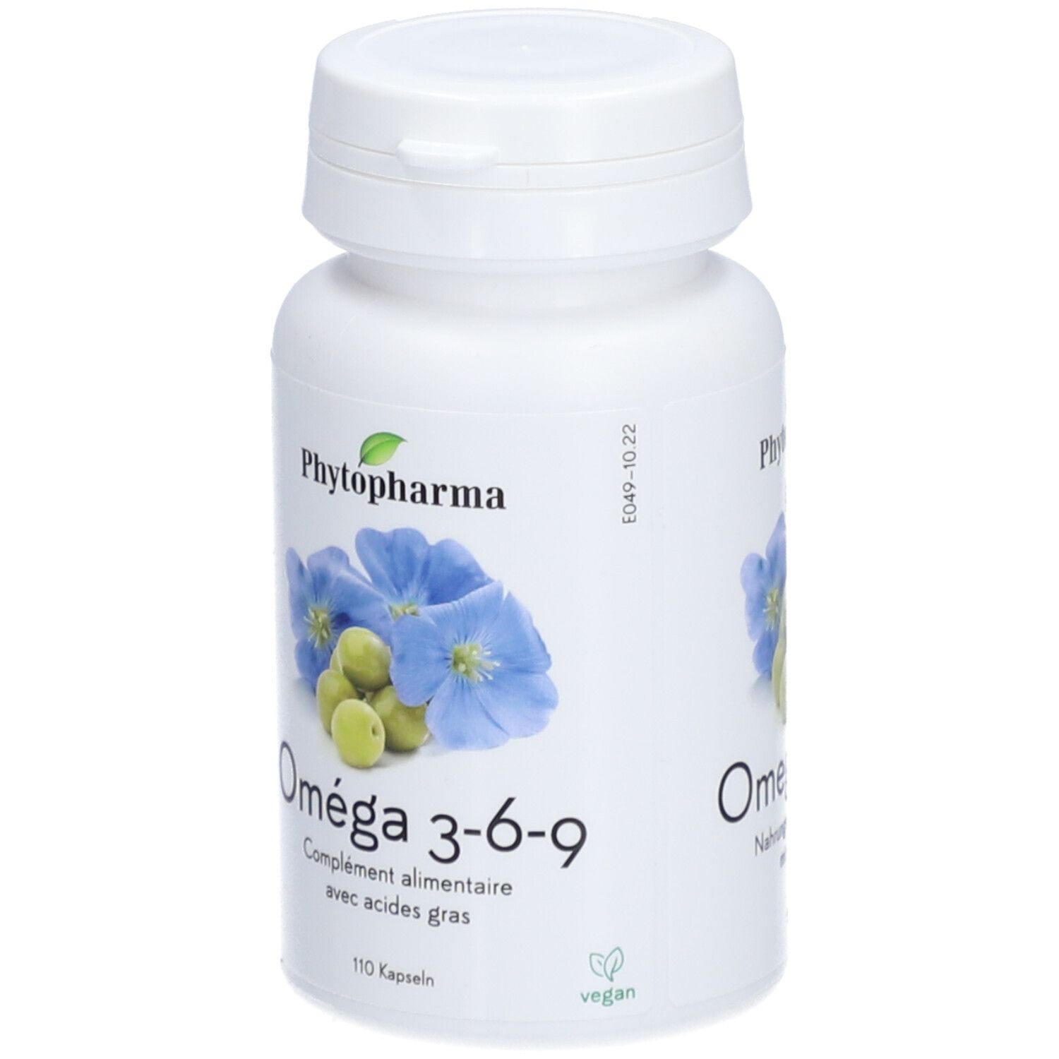 Weiße Flasche mit Kapseln. Aufschrift: PHYTOPHARMA Omega 3-6-9. Abbildung von Blüten und Früchten. 110 Kapseln.