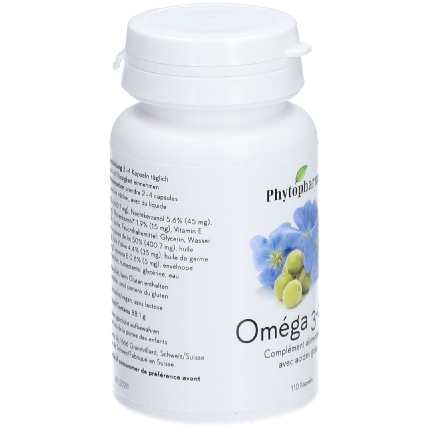 Weiße Flasche mit Kapseln. Aufschrift: PHYTOPHARMA Omega 3-6-9. Abbildung von Blüten und Früchten. 110 Kapseln.