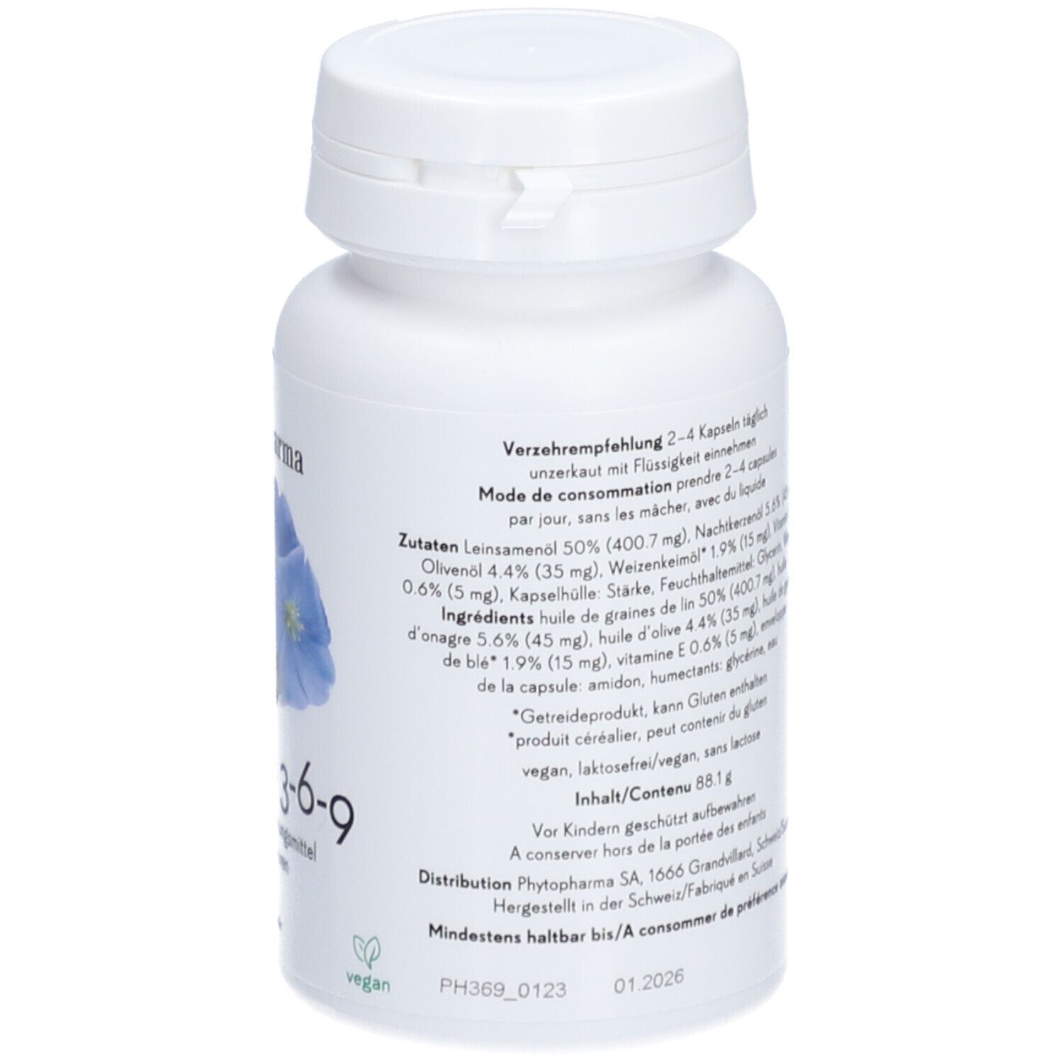 Weiße Flasche mit Kapseln. Aufschrift: PHYTOPHARMA Omega 3-6-9. Abbildung von Blüten und Früchten. 110 Kapseln.