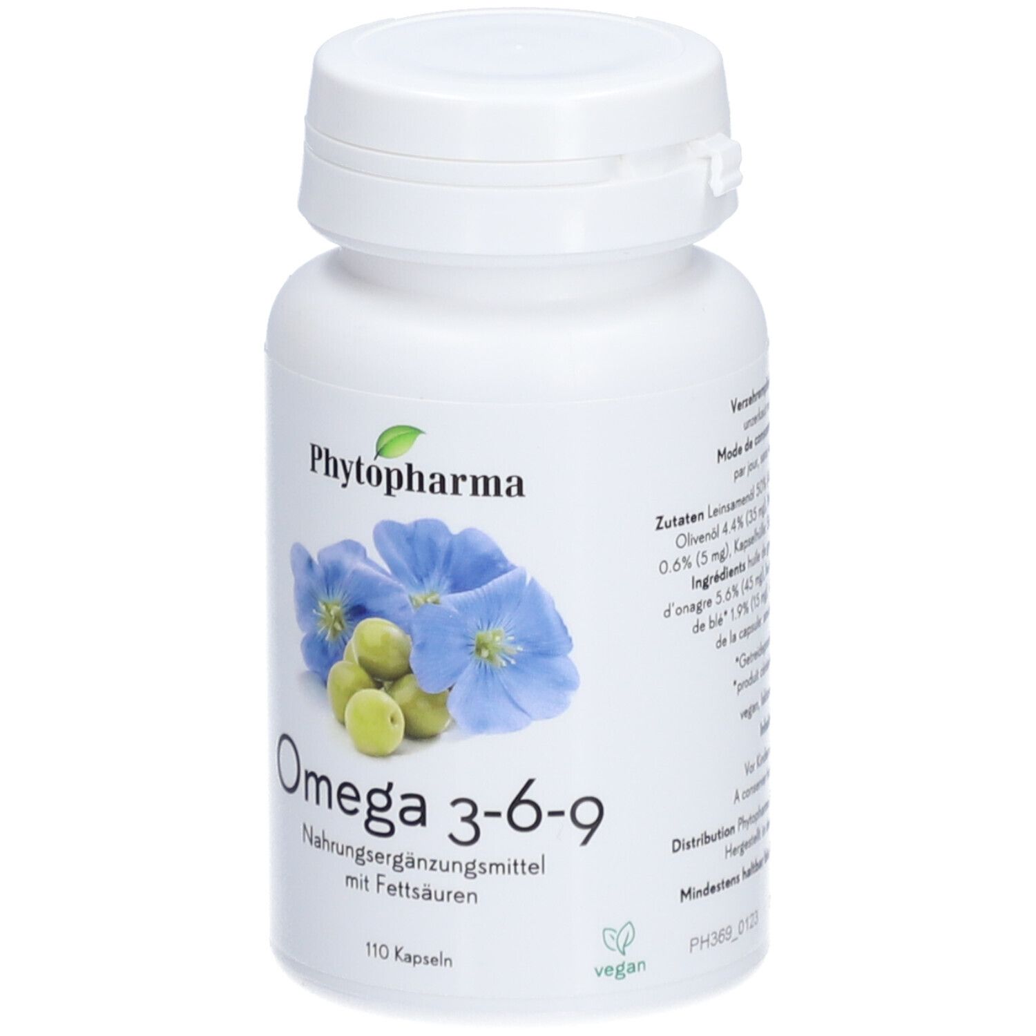 Weiße Flasche mit Kapseln. Aufschrift: PHYTOPHARMA Omega 3-6-9. Abbildung von Blüten und Früchten. 110 Kapseln.