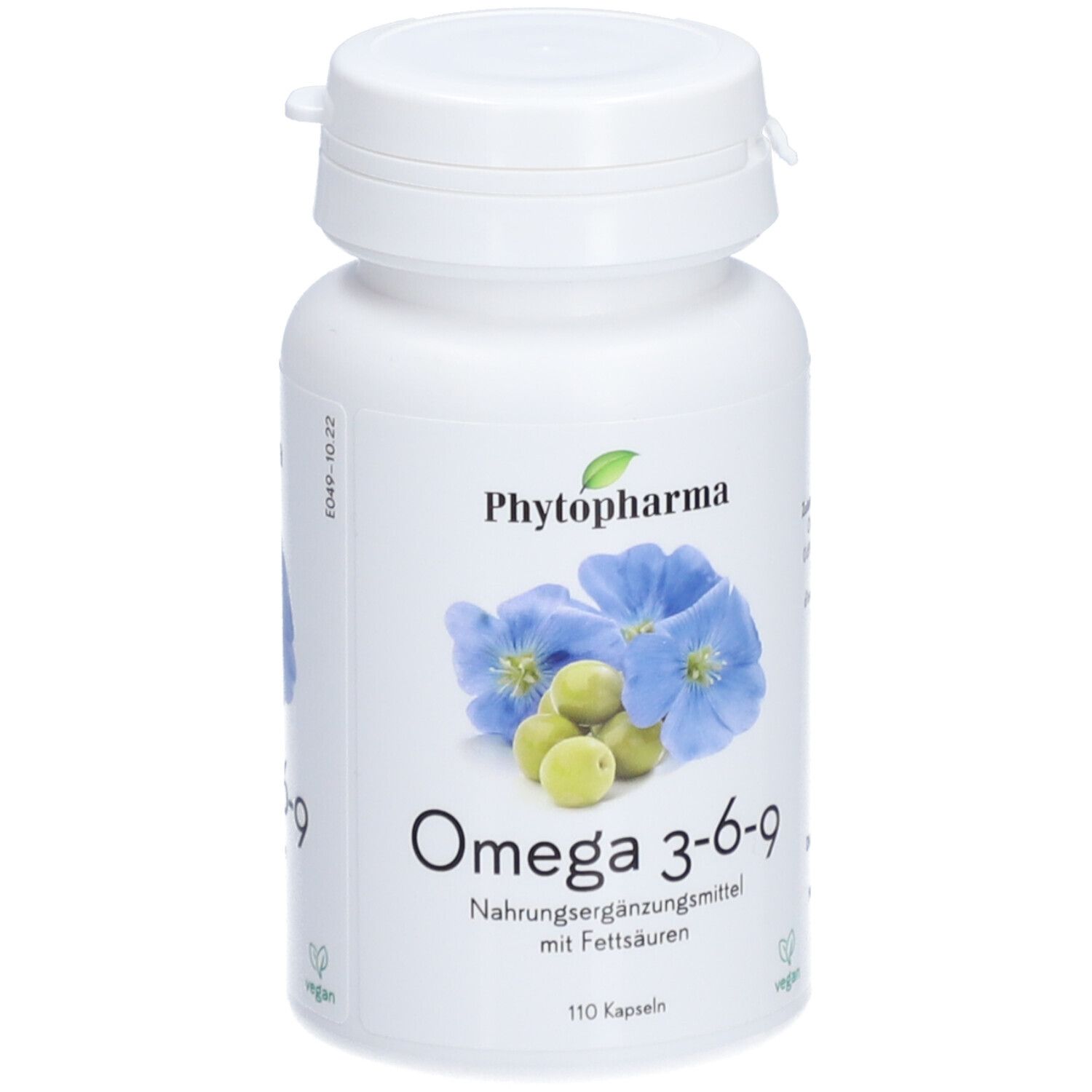 Weiße Flasche mit Kapseln. Aufschrift: PHYTOPHARMA Omega 3-6-9. Abbildung von Blüten und Früchten. 110 Kapseln.