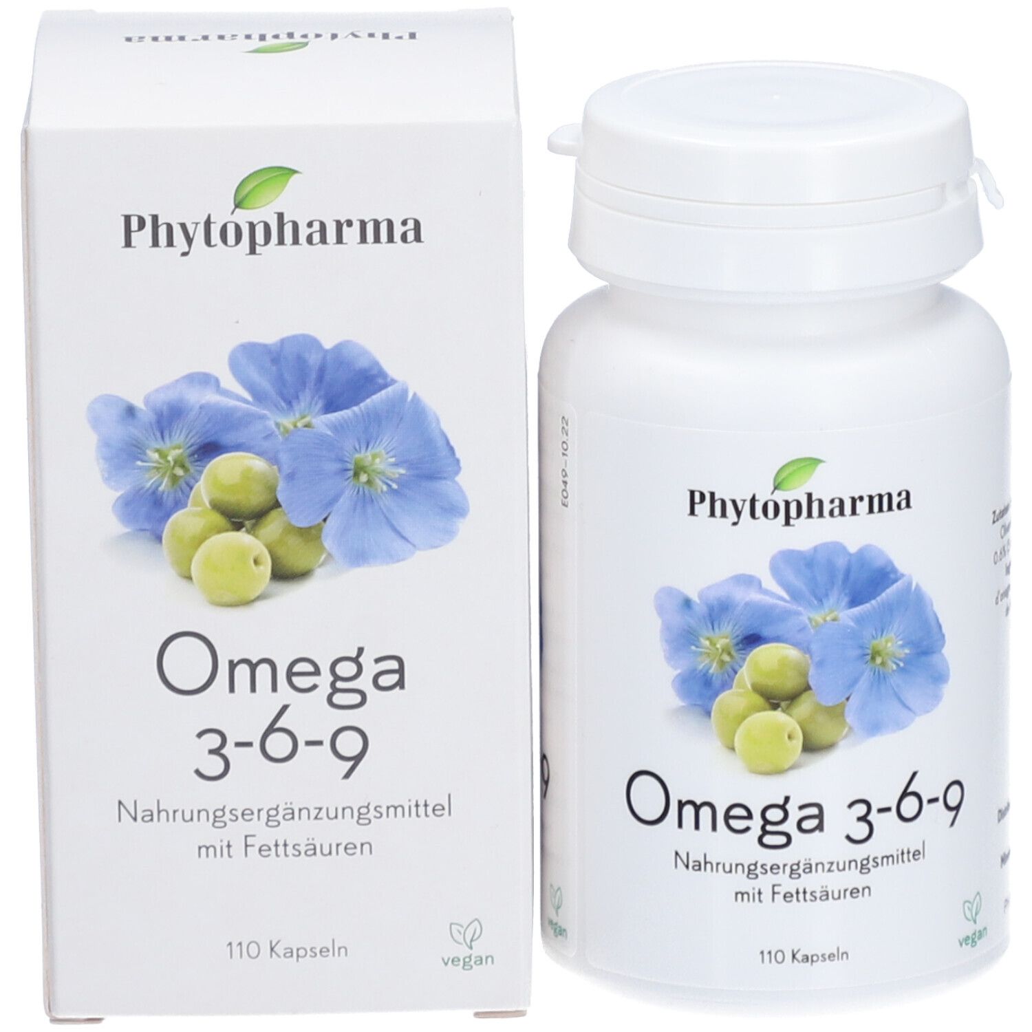 Flasche und Schachtel. Aufschrift: PHYTOPHARMA Omega 3-6-9. Abbildung von Blüten und Früchten. 110 Kapseln.