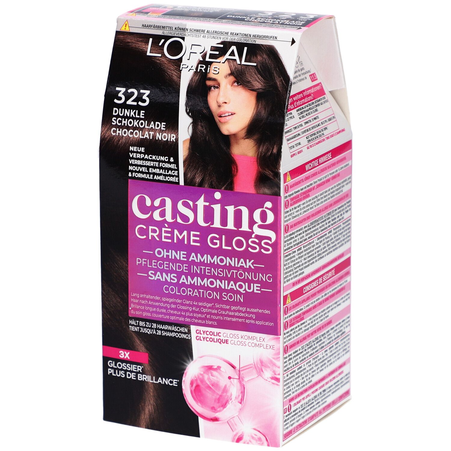 L'Oréal Paris Casting Crème Gloss, teinte 323 Chocolat Noir. Emballage avec femme et informations produit.