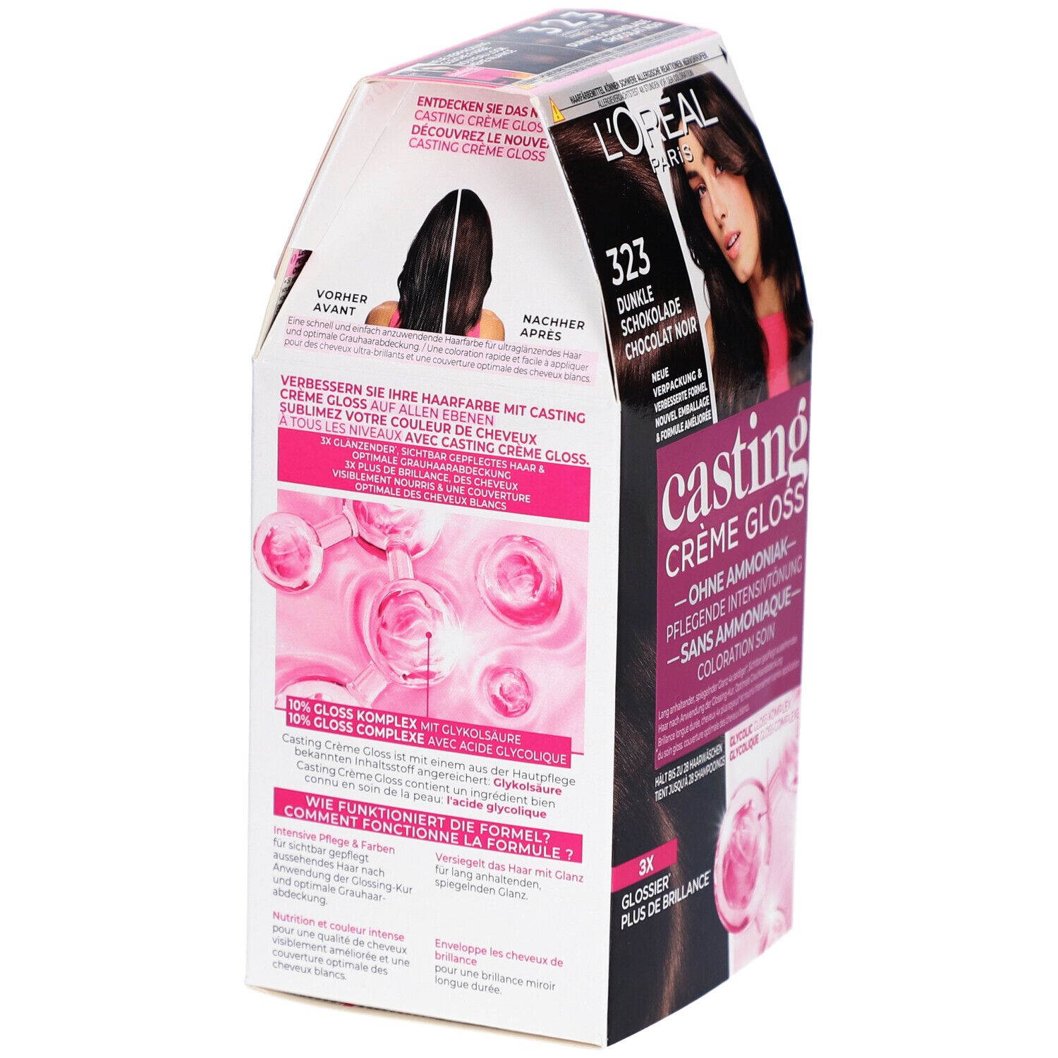 Dos de l'emballage L'Oréal Paris Casting Crème Gloss. Contient des informations produit et une illustration.