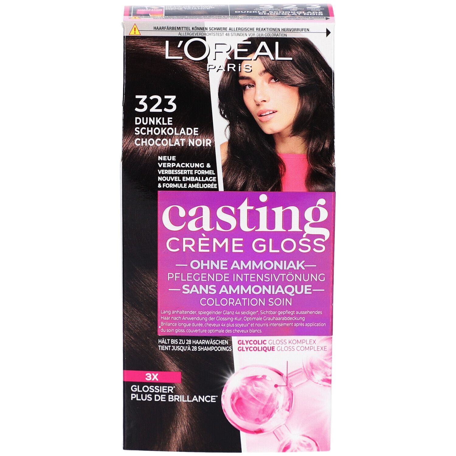 L'Oréal Paris Casting Crème Gloss, teinte 323 Chocolat Noir. Emballage avec femme et informations produit.