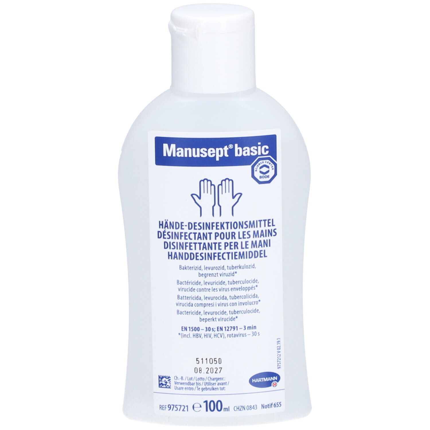 Flacon avec bouchon blanc. Étiquette avec nom du produit et indication désinfectant pour les mains. Logo et certification.