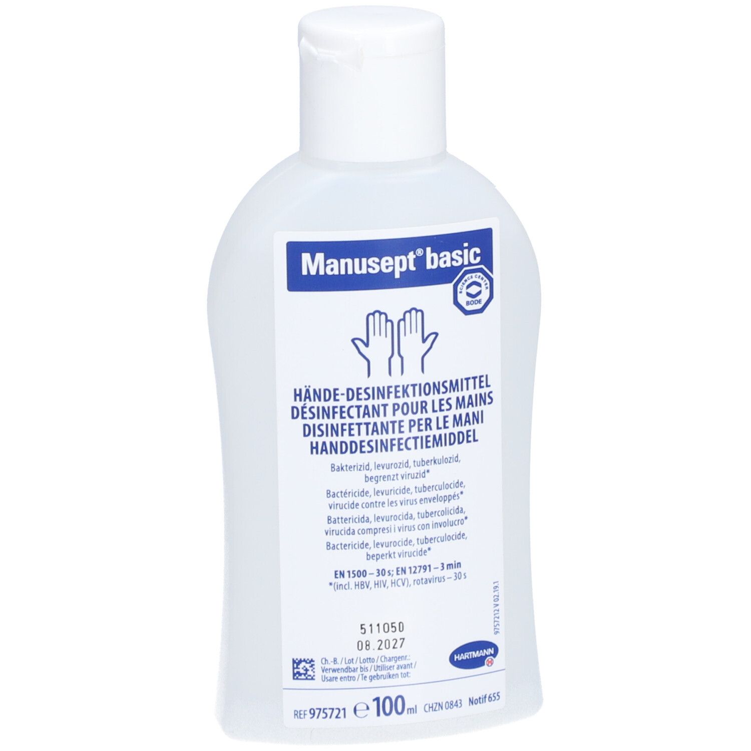 Flacon avec bouchon blanc. Étiquette avec nom du produit et indication désinfectant pour les mains. Logo et certification.