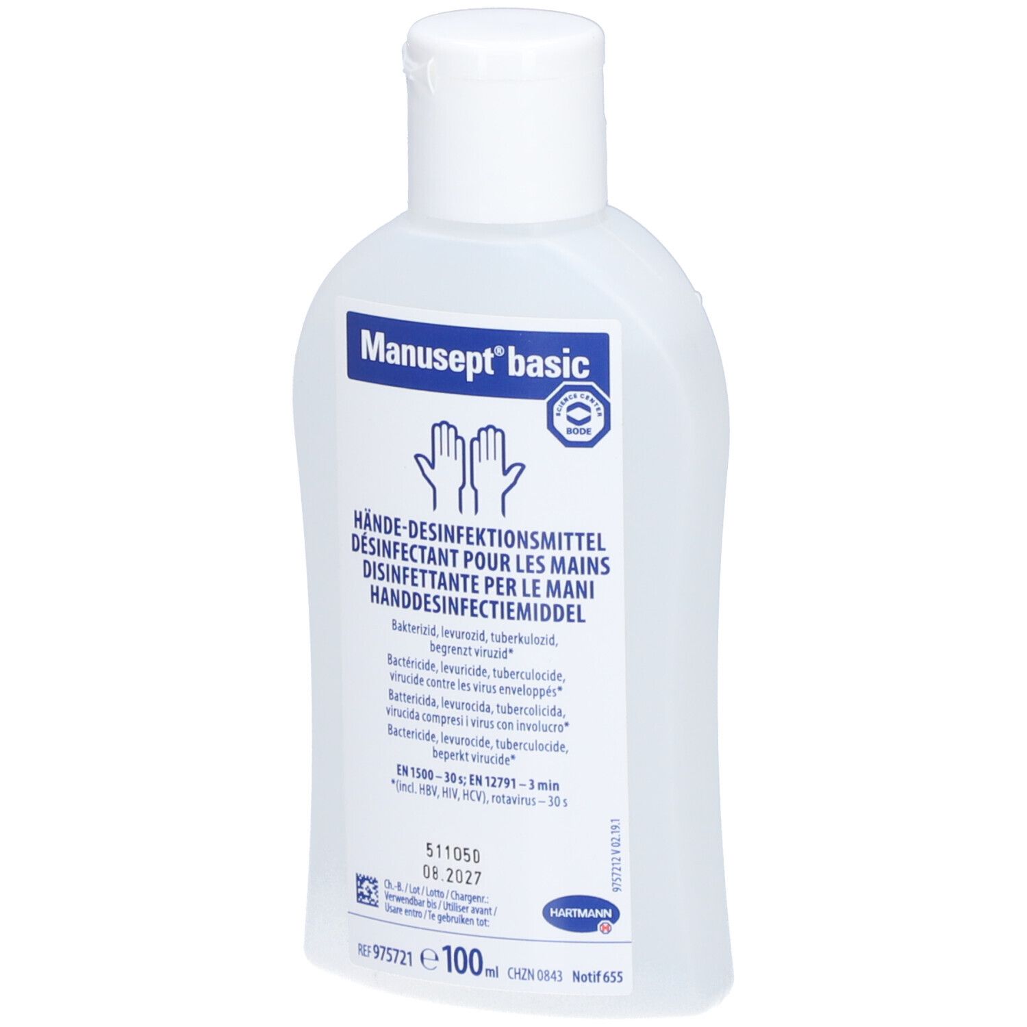 Flacon avec bouchon blanc. Étiquette avec nom du produit et indication désinfectant pour les mains. Logo et certification.
