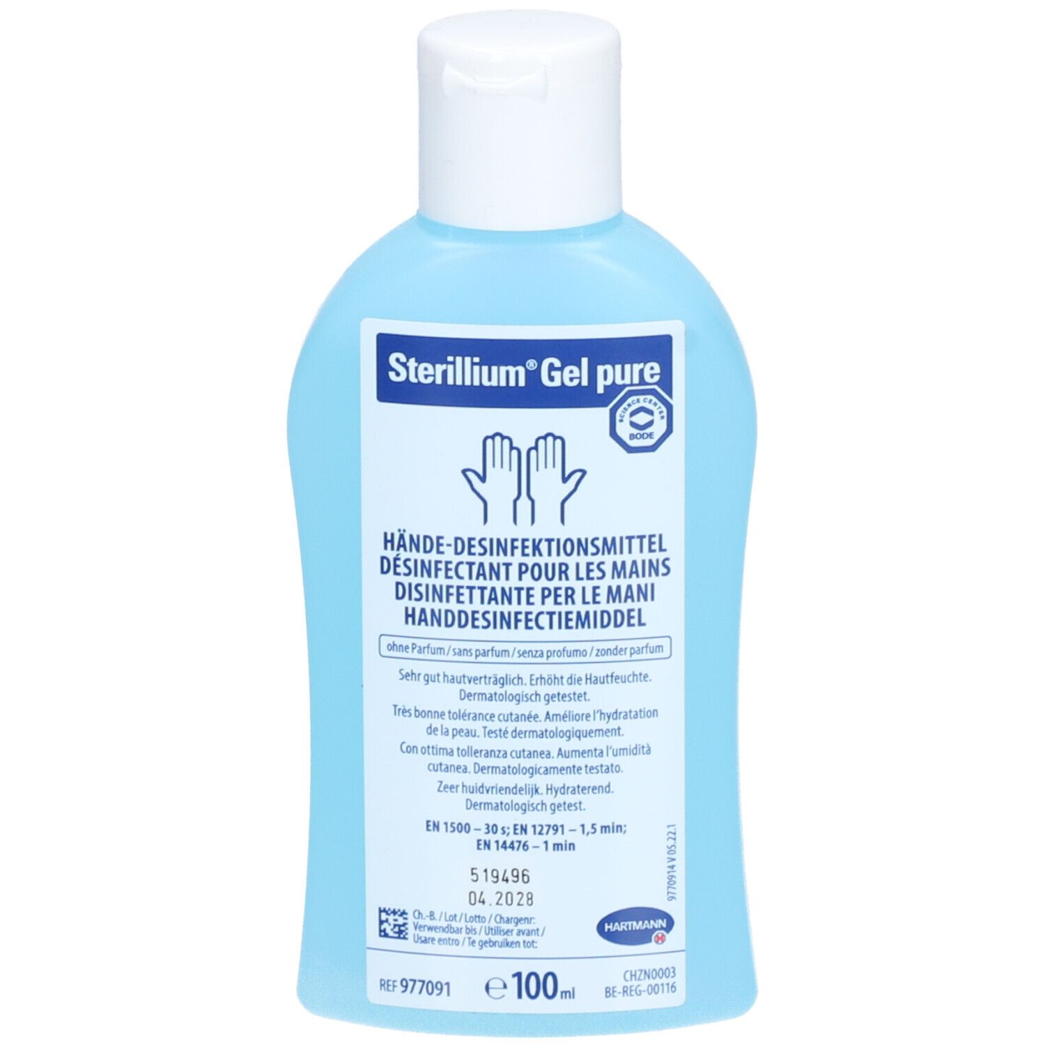 HARTMANN Sterillium® Gel pure. Blaue Flasche mit weißem Deckel. Aufschrift und Hände-Symbol. Dermatologisch getestet.