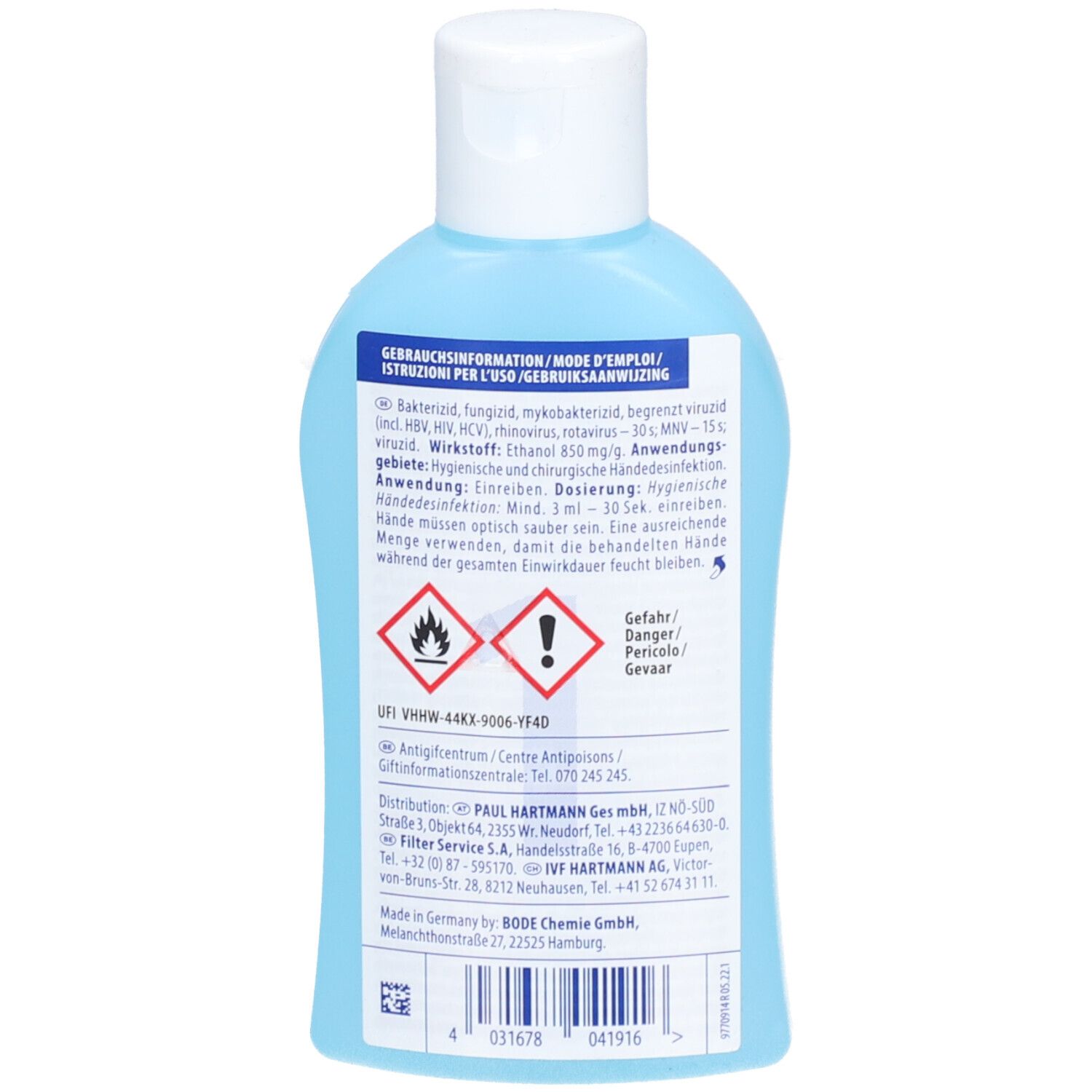 Rückseite der HARTMANN Sterillium® Gel pure Flasche. Text mit Gebrauchsinformationen. Warnhinweise und Gefahrensymbole.