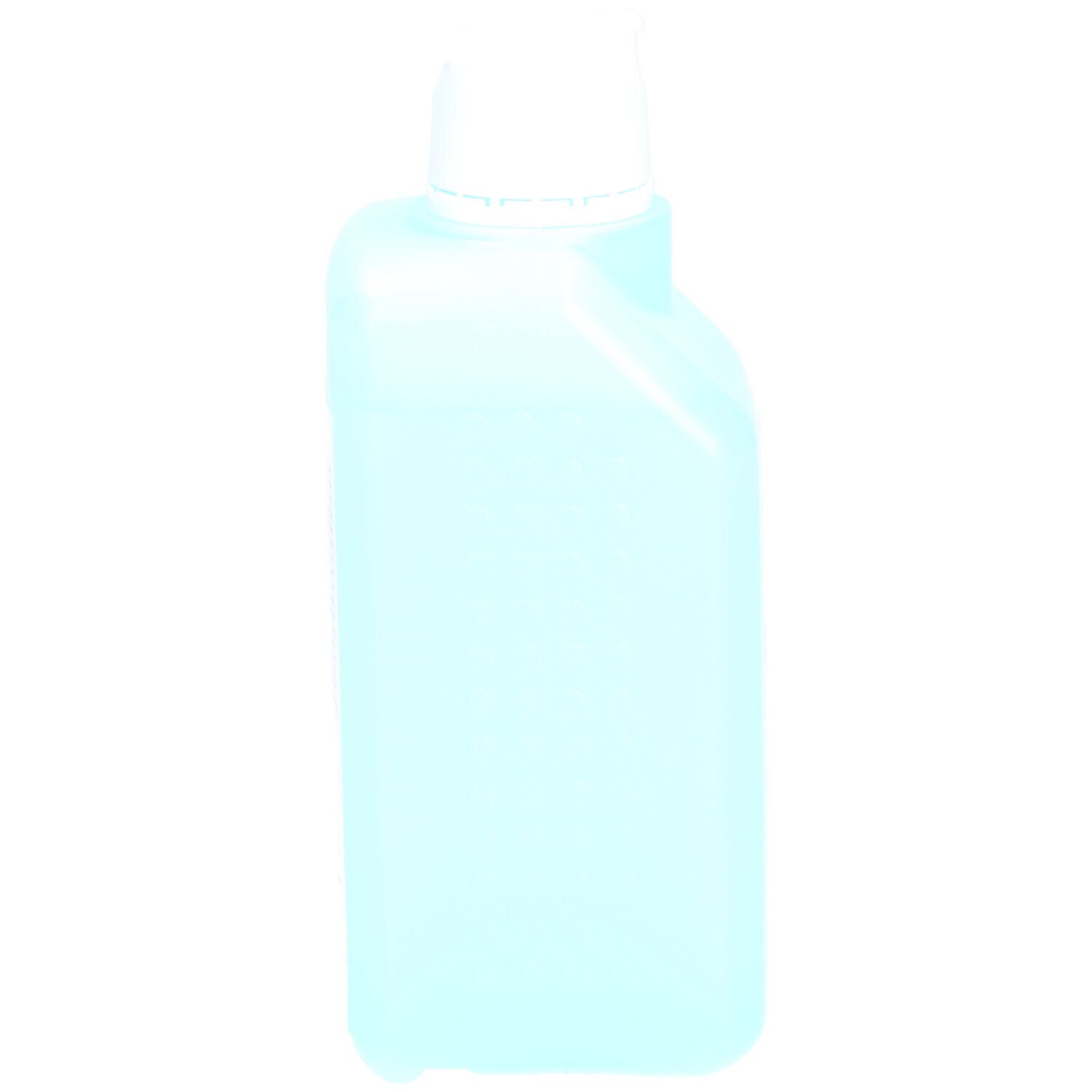Flacon bleu clair avec bouchon blanc. Forme carrée, légèrement transparent.