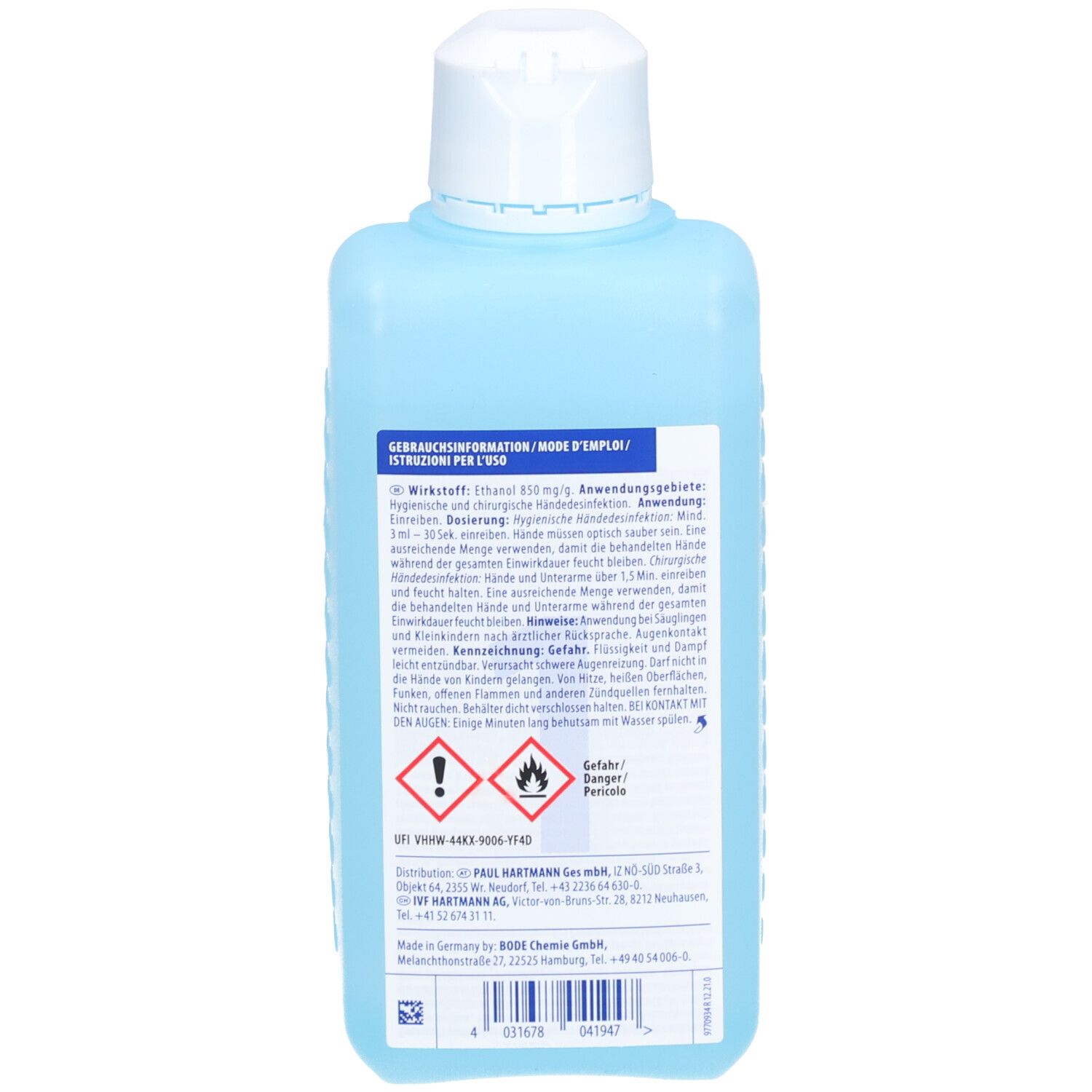 Dos d'un flacon bleu clair avec bouchon blanc. Texte : informations d'utilisation, avertissements, informations fabricant.