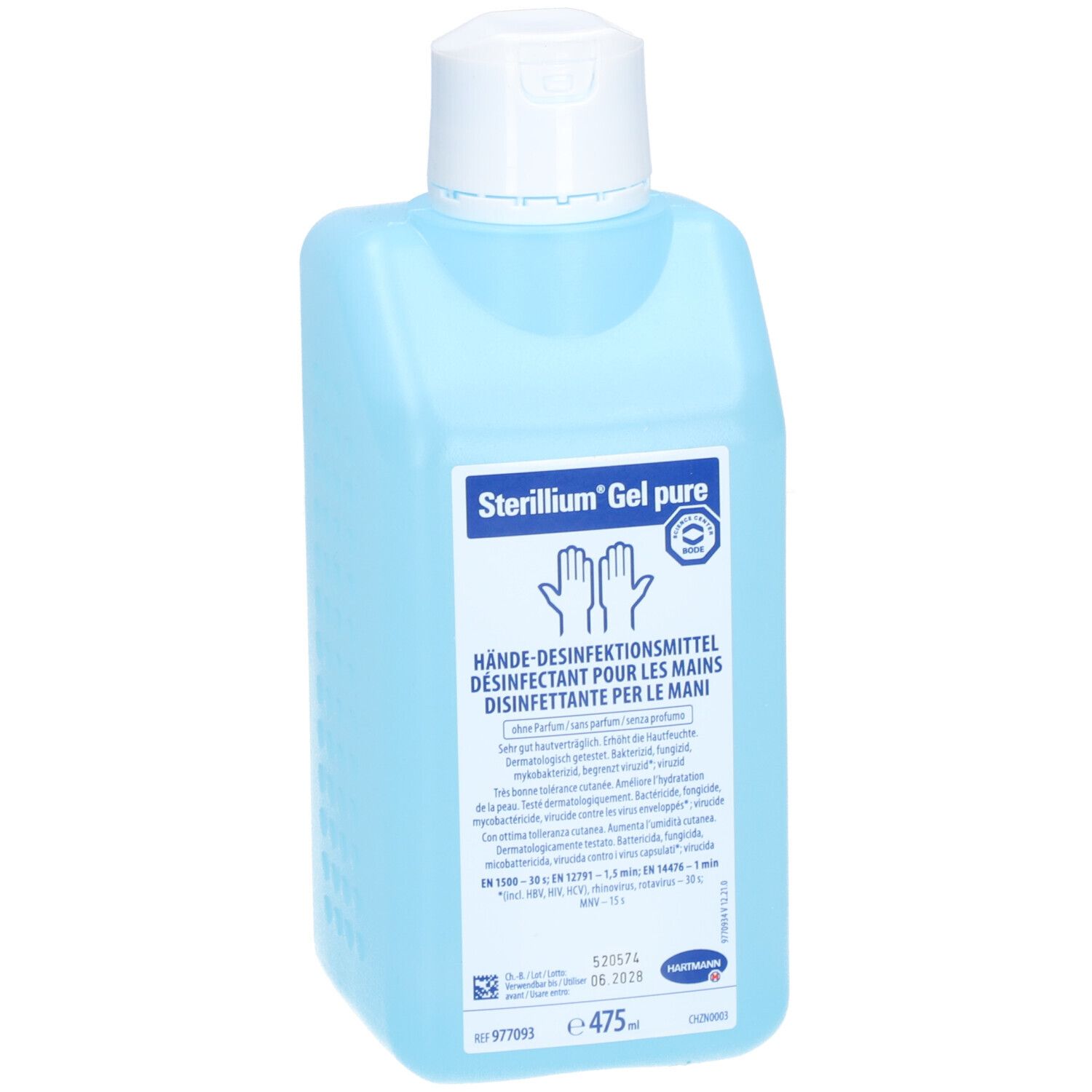 Flacon bleu clair avec bouchon blanc. Inscription : Sterillium Gel pure, désinfectant pour les mains. 475 ml.