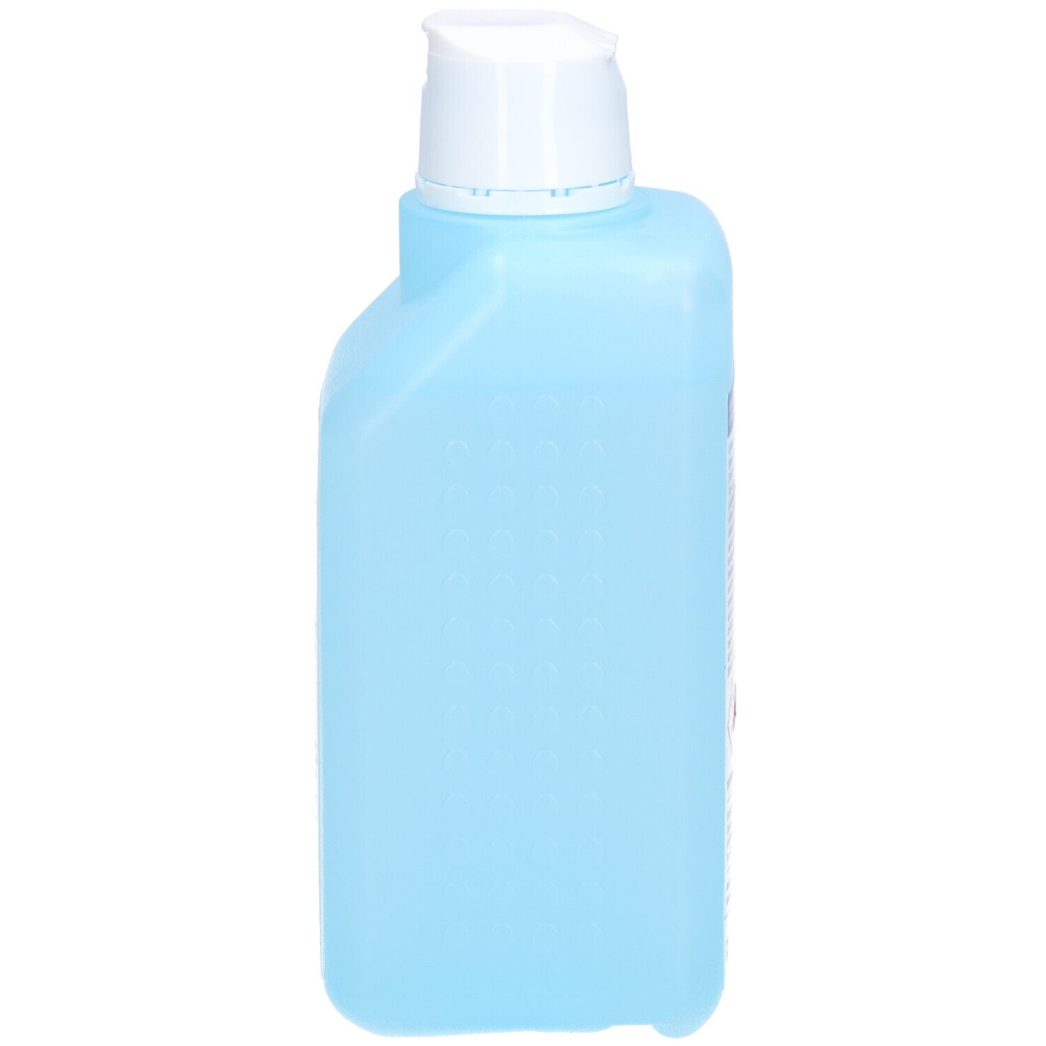 Flacon bleu clair avec bouchon blanc. Forme carrée, légèrement transparent.