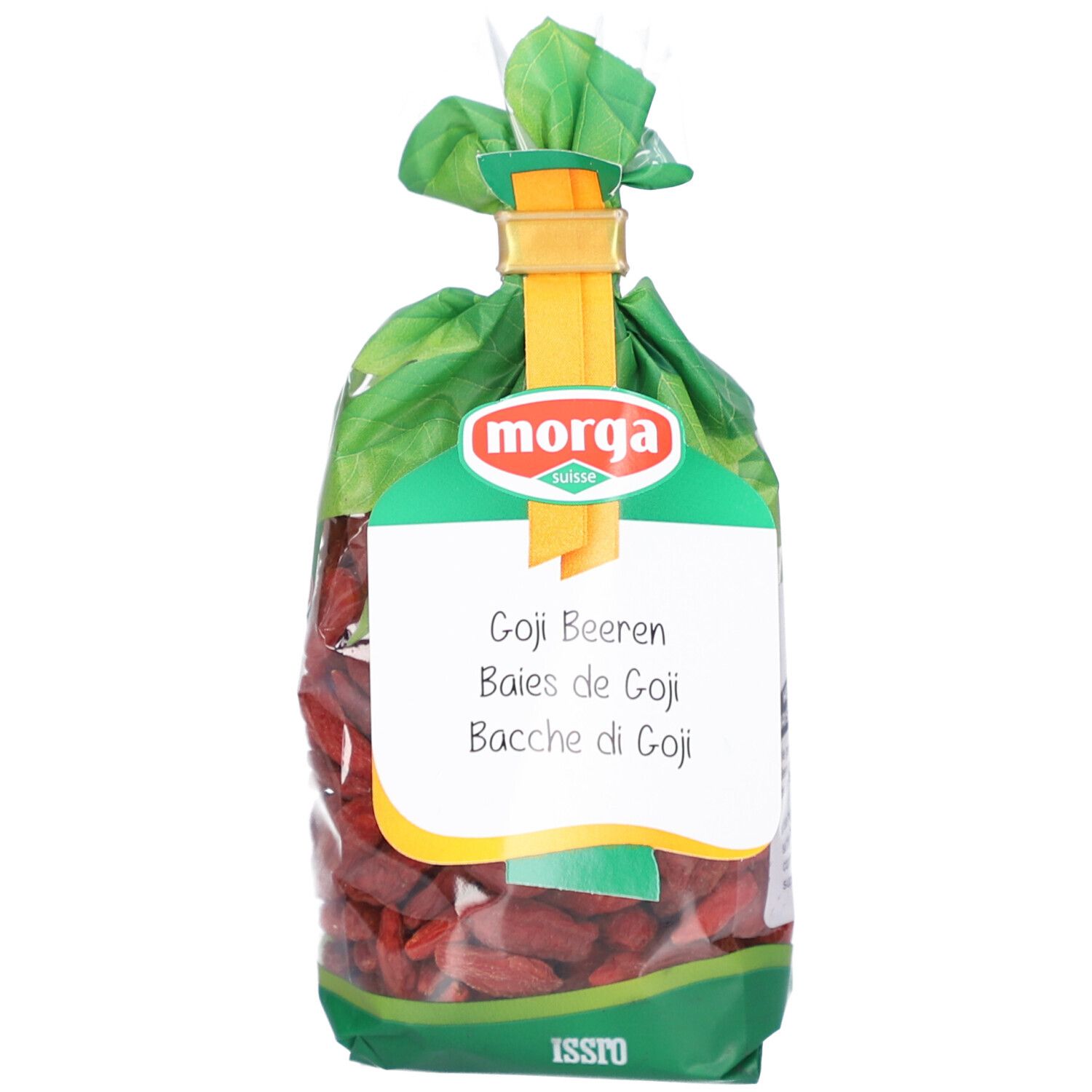 Sachet transparent de baies de goji séchées. Logo et texte 'Morga' en haut. Étiquette avec 'Goji Beeren'.