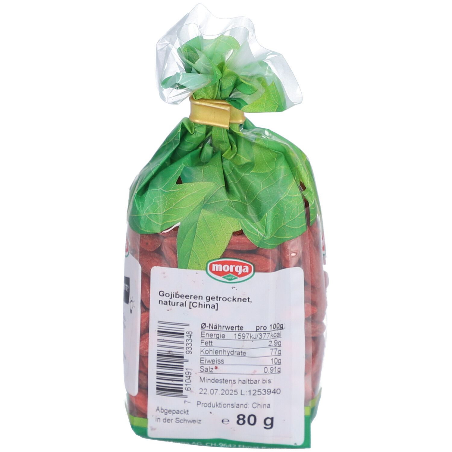 Emballage de baies de goji séchées. Logo 'Morga'. Étiquette avec informations nutritionnelles et '80 g'.