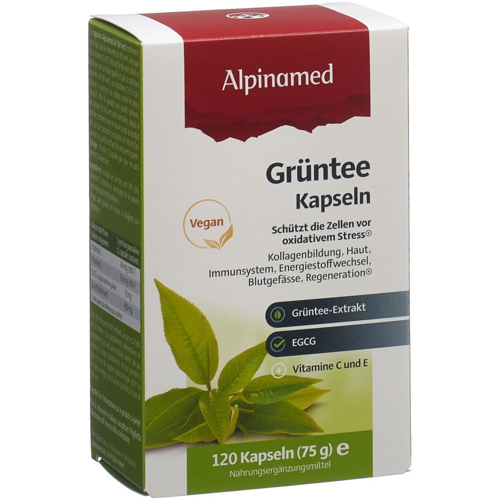 ALPINAMED Grüntee Kapseln-Packung. 120 Kapseln. Vegan. Enthält Grüntee-Extrakt, EGCG, Vitamin C und E.