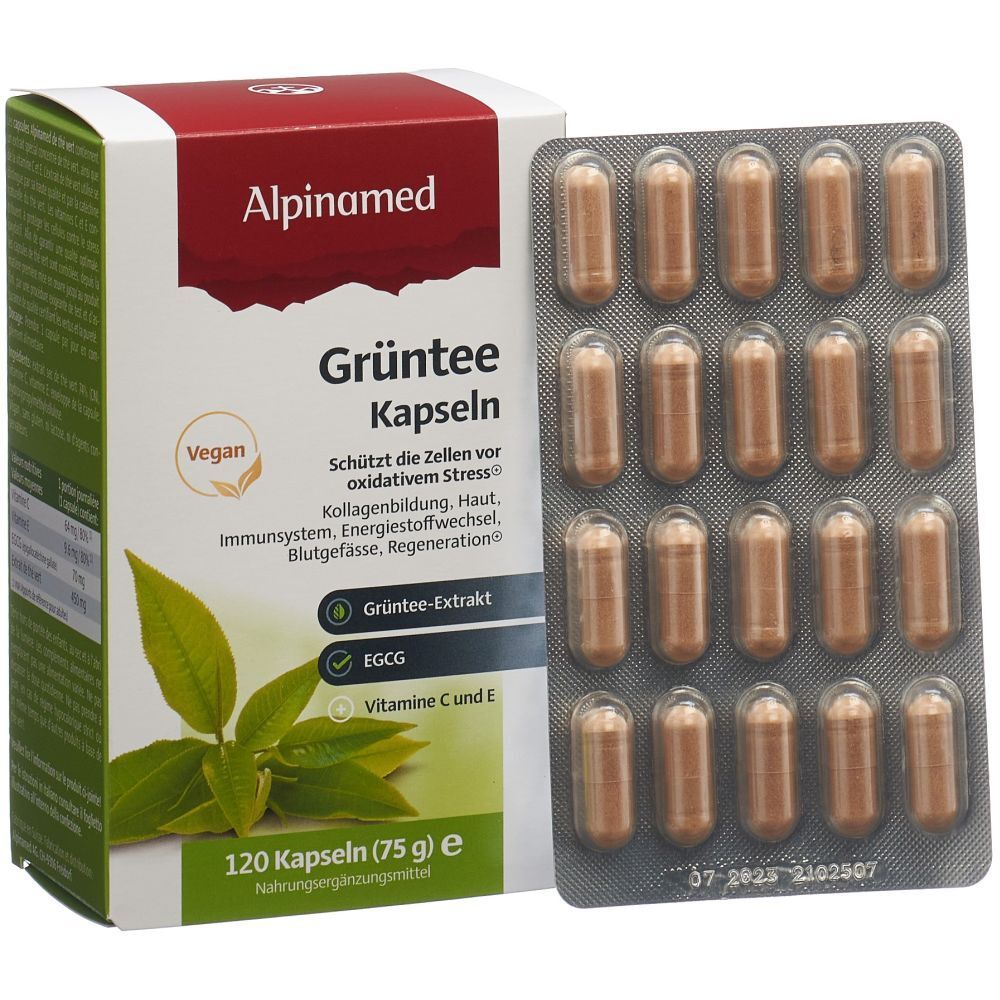 ALPINAMED Grüntee Kapseln-Packung und Blister. 120 Kapseln. Vegan. Kapseln enthalten Grüntee-Extrakt, EGCG, Vitamin C und E.