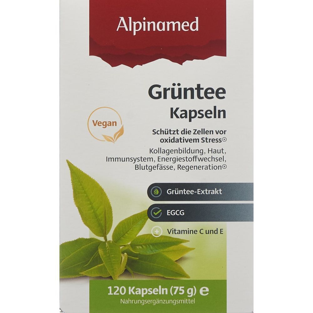 ALPINAMED Grüntee Kapseln-Packung. 120 Kapseln. Vegan. Enthält Grüntee-Extrakt, EGCG, Vitamin C und E.