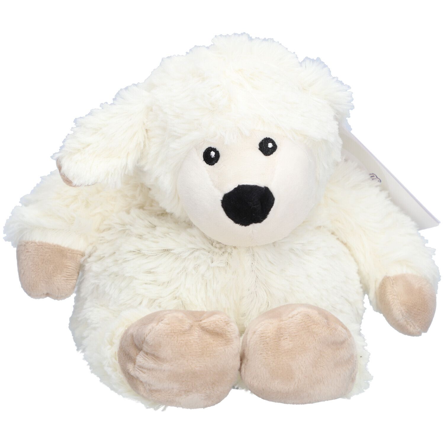 Weißes Schaf-Plüschtier mit schwarzer Nase und Augen. Beige Füße. Etikett am Kopf. Flauschiges Material.