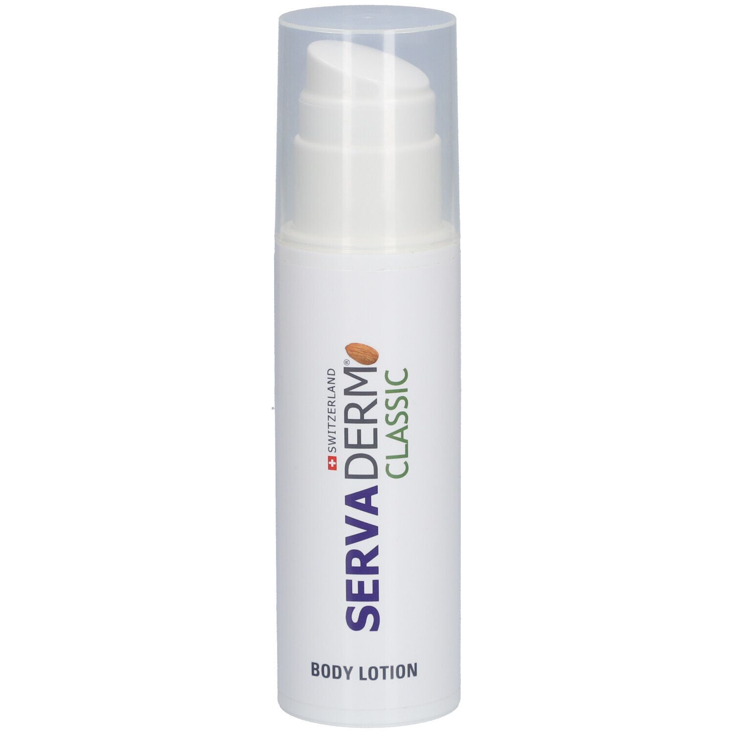 Weiße Flasche mit Pumpverschluss. Aufschrift: Servaderm Classic Body Lotion. Schweizer Kreuz.