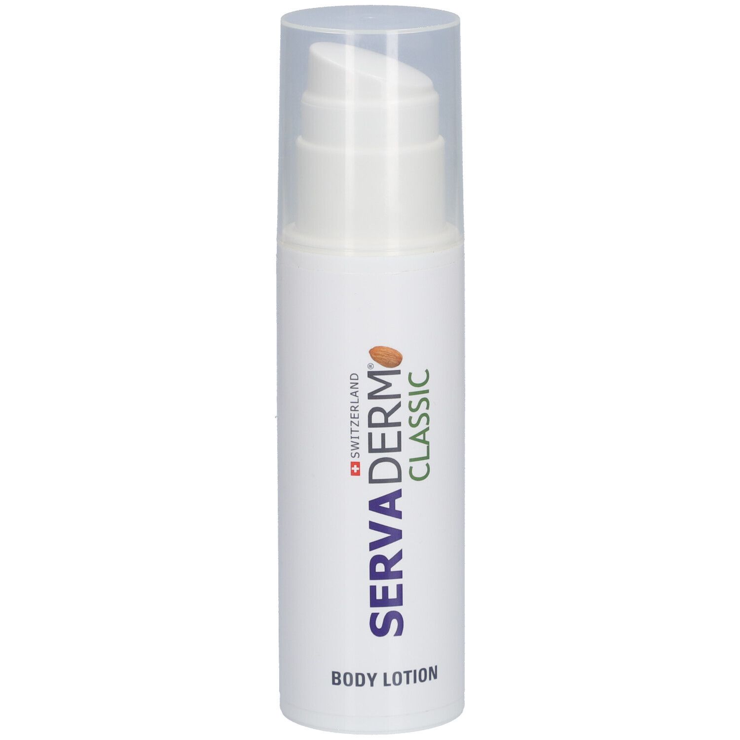 Weiße Flasche mit Pumpverschluss. Aufschrift: Servaderm Classic Body Lotion. Schweizer Kreuz.