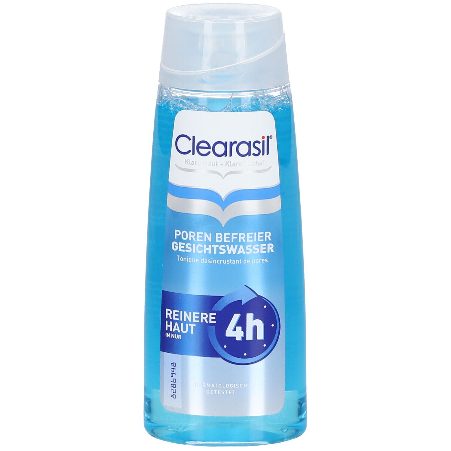 Klare Flasche mit blauem Gesichtswasser. Aufschrift: Clearasil, Poren Befreier Gesichtswasser, Reinere Haut in nur 4h.