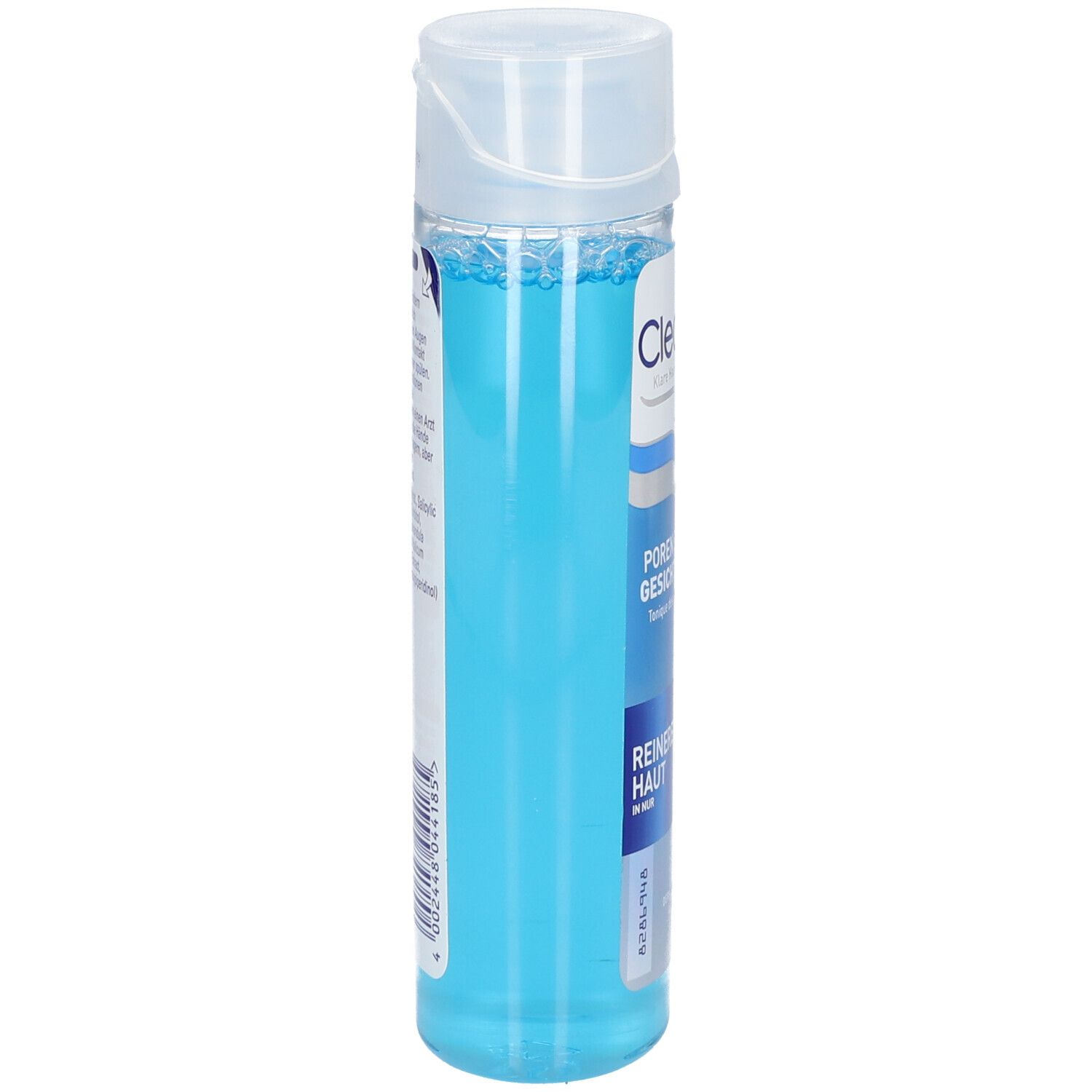 Zylindrische Flasche mit blauem Gesichtswasser. Aufschrift: Clearasil, Poren Befreier Gesichtswasser. Deckel oben.