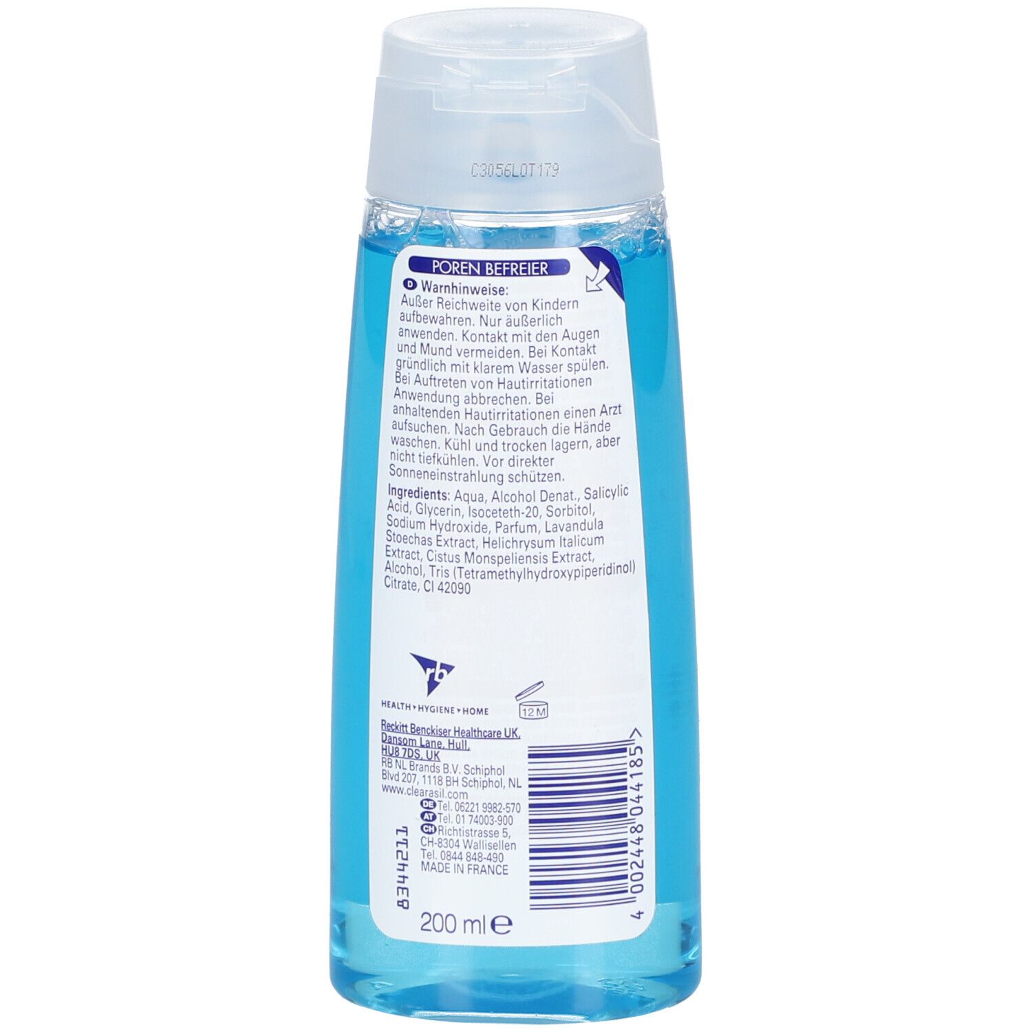 Rückseite der Flasche mit Inhaltsstoffen und Warnhinweisen. Aufschrift: 200 ml.