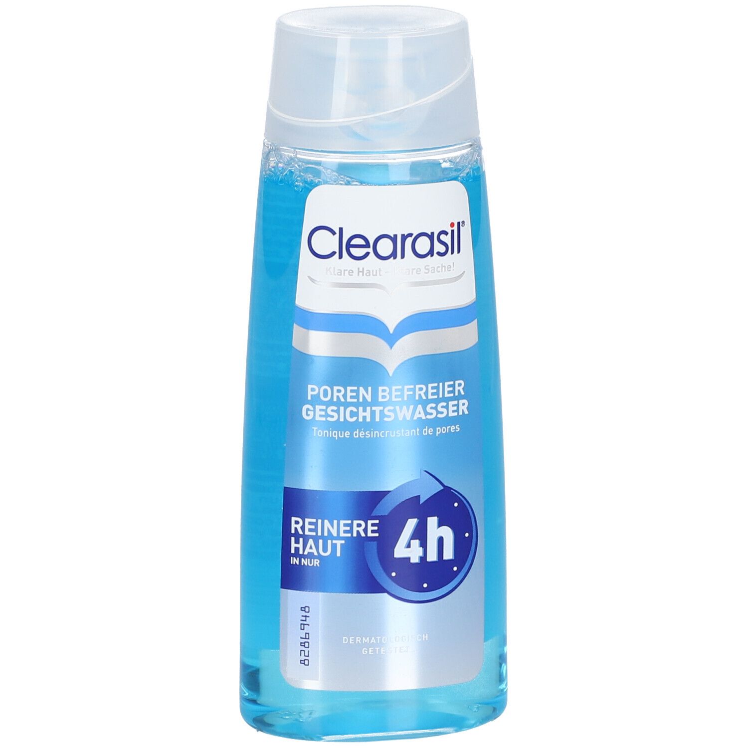 Klare Flasche mit blauem Gesichtswasser. Aufschrift: Clearasil, Poren Befreier Gesichtswasser, Reinere Haut in nur 4h.