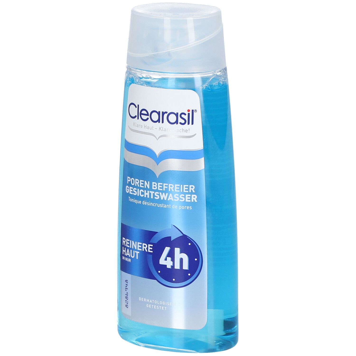 Klare Flasche mit blauem Gesichtswasser. Aufschrift: Clearasil, Poren Befreier Gesichtswasser, Reinere Haut in nur 4h.