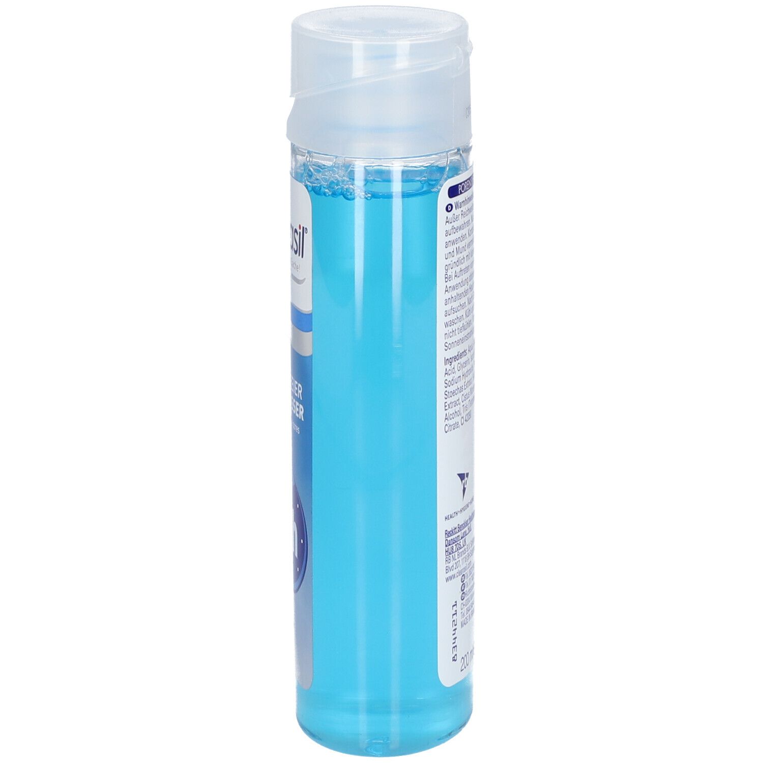Zylindrische Flasche mit blauem Gesichtswasser. Aufschrift: Clearasil, Poren Befreier Gesichtswasser. Deckel oben.