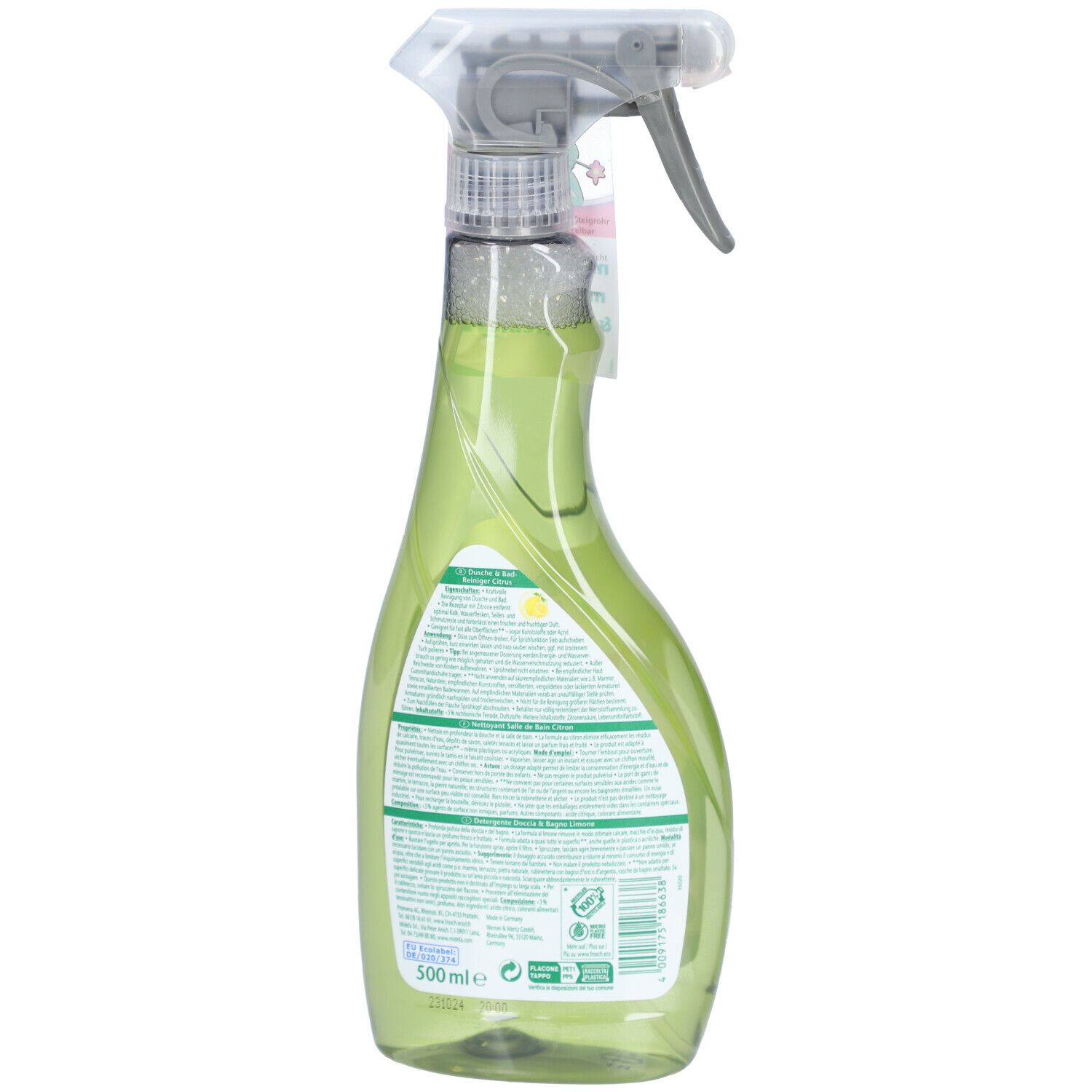 Vue arrière d'un flacon pulvérisateur vert avec texte et logos. Contient des informations et certifications.