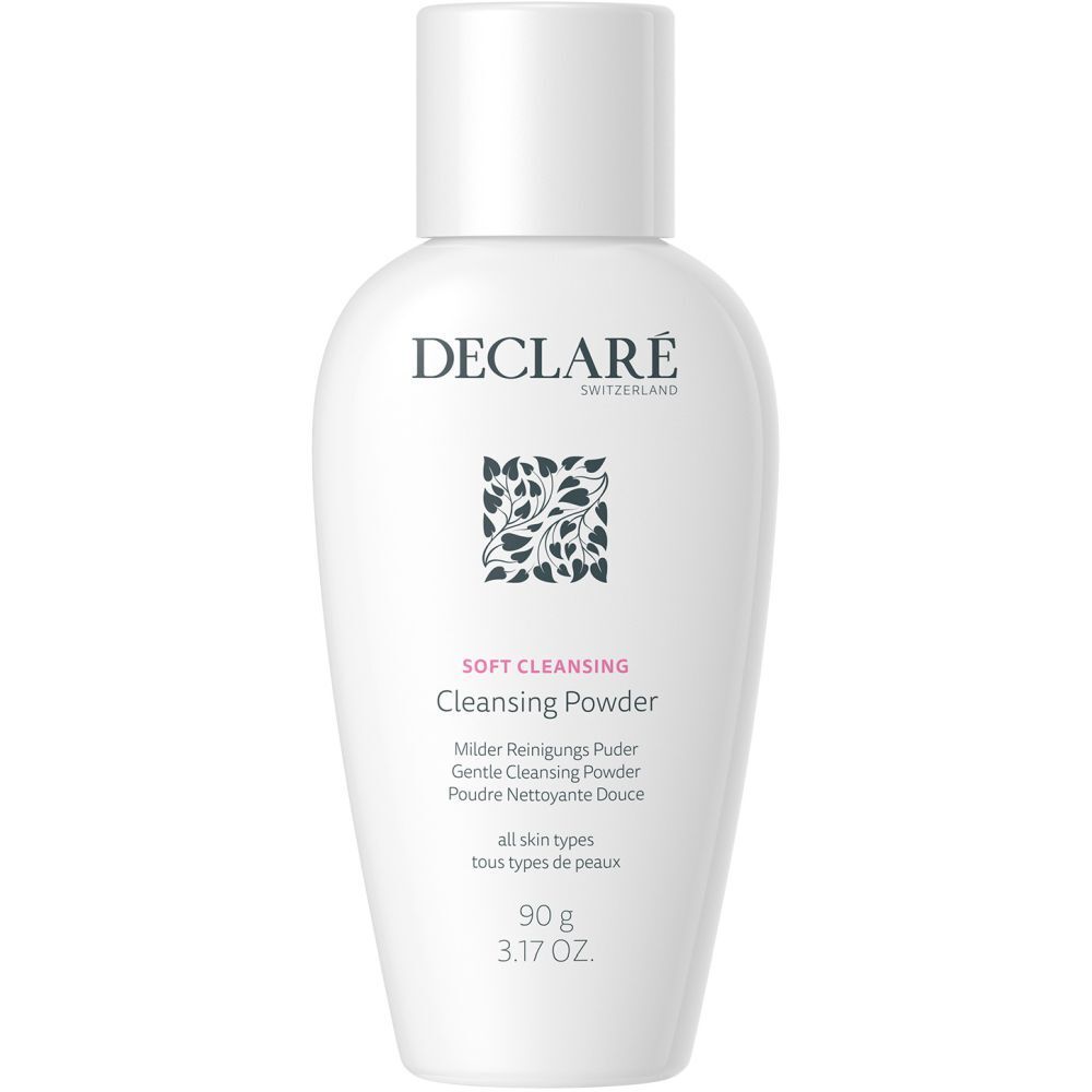 Weißes Declare Softcleansing Cleansing Powder. Flasche mit Deckel, Logo und Produktbezeichnung. 90g.