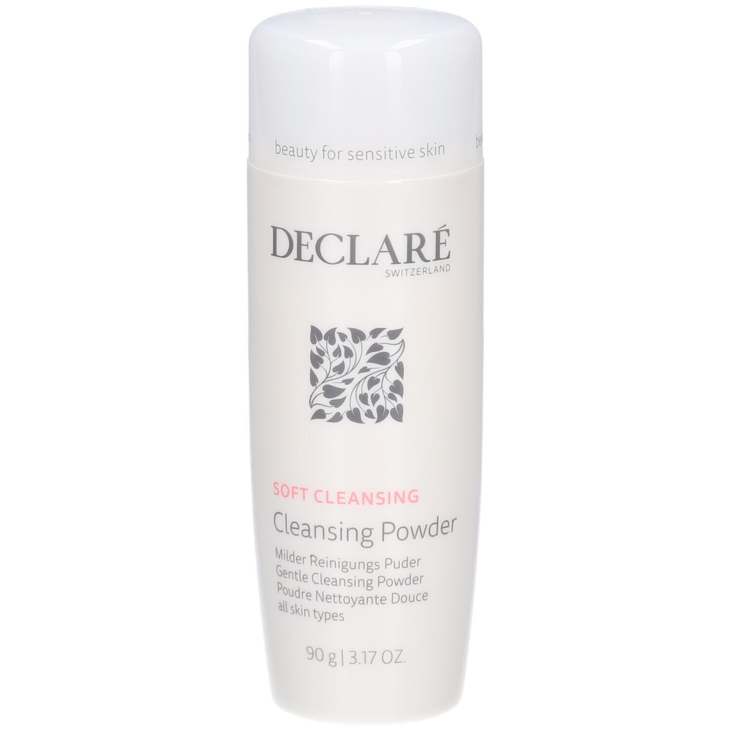 Declare Softcleansing Cleansing Powder. Weiße Flasche mit Deckel. Logo, Produktbezeichnung, 90g.
